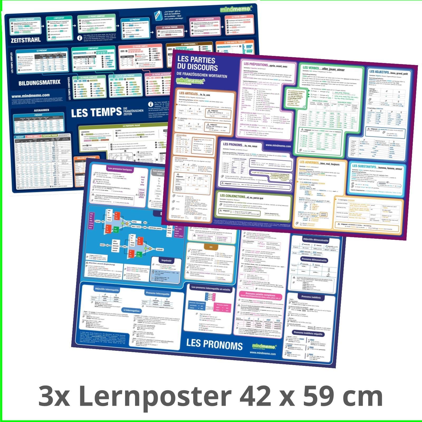 mindmemo Lernposter 3er Set - Französische Zeiten + Wortarten + Pronomen | Grammatik lernen Grundwissen Lernhilfe: Französisch lernen für Kinder und ... DIN A2 42x59 cm PremiumEdition in Schutzröhre