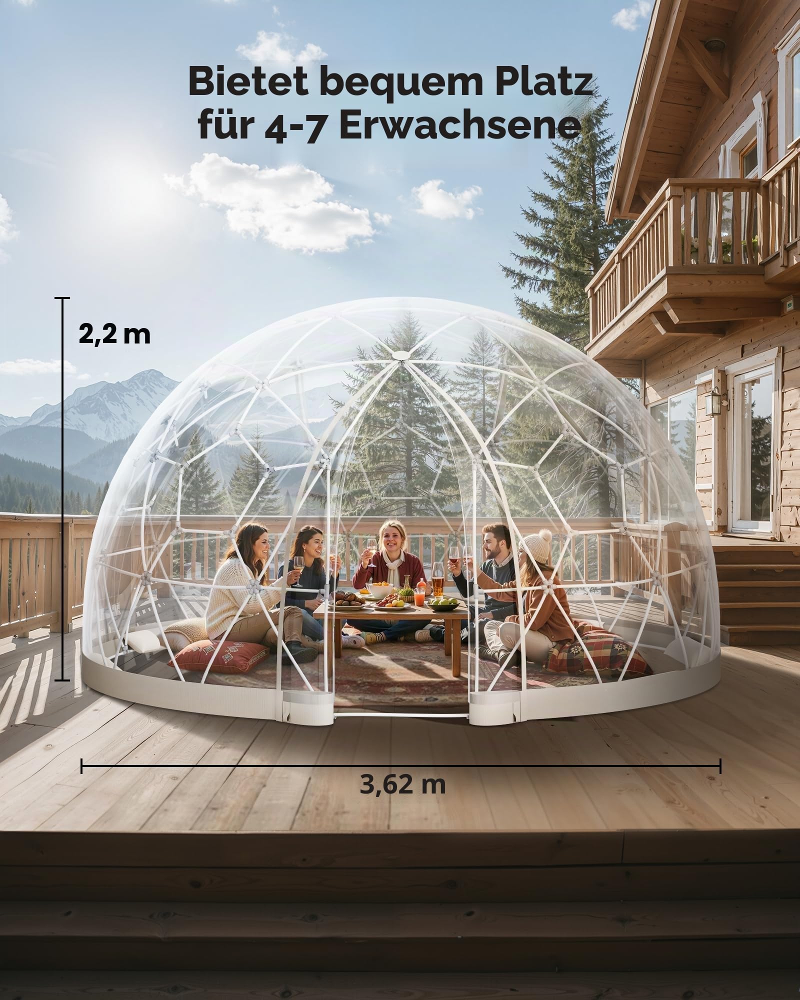 VEVOR Gartenkuppel, 3,6 x 2,2 m großes transparentes Blasenzelt für 4–7 Personen, geodätisches Kuppelgewächshaus mit Fenster, PVC-Zelt für Hinterhof, Terrasse, Camping, Party, Hochzeit