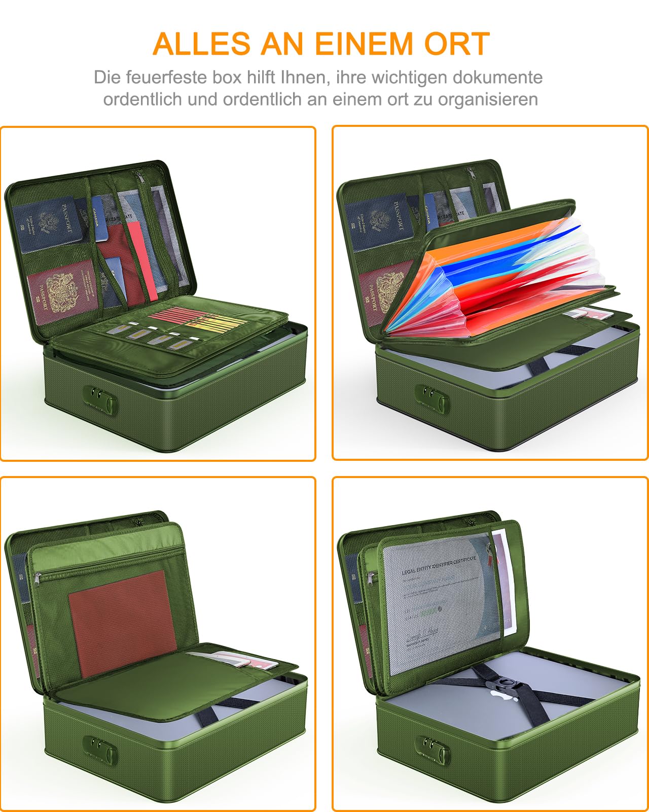 JUNDUN Organizer per documenti, refrattario con serratura, contenitore per documenti con 7 scomparti, organizzatore per documenti, documenti importanti, documenti (verde)