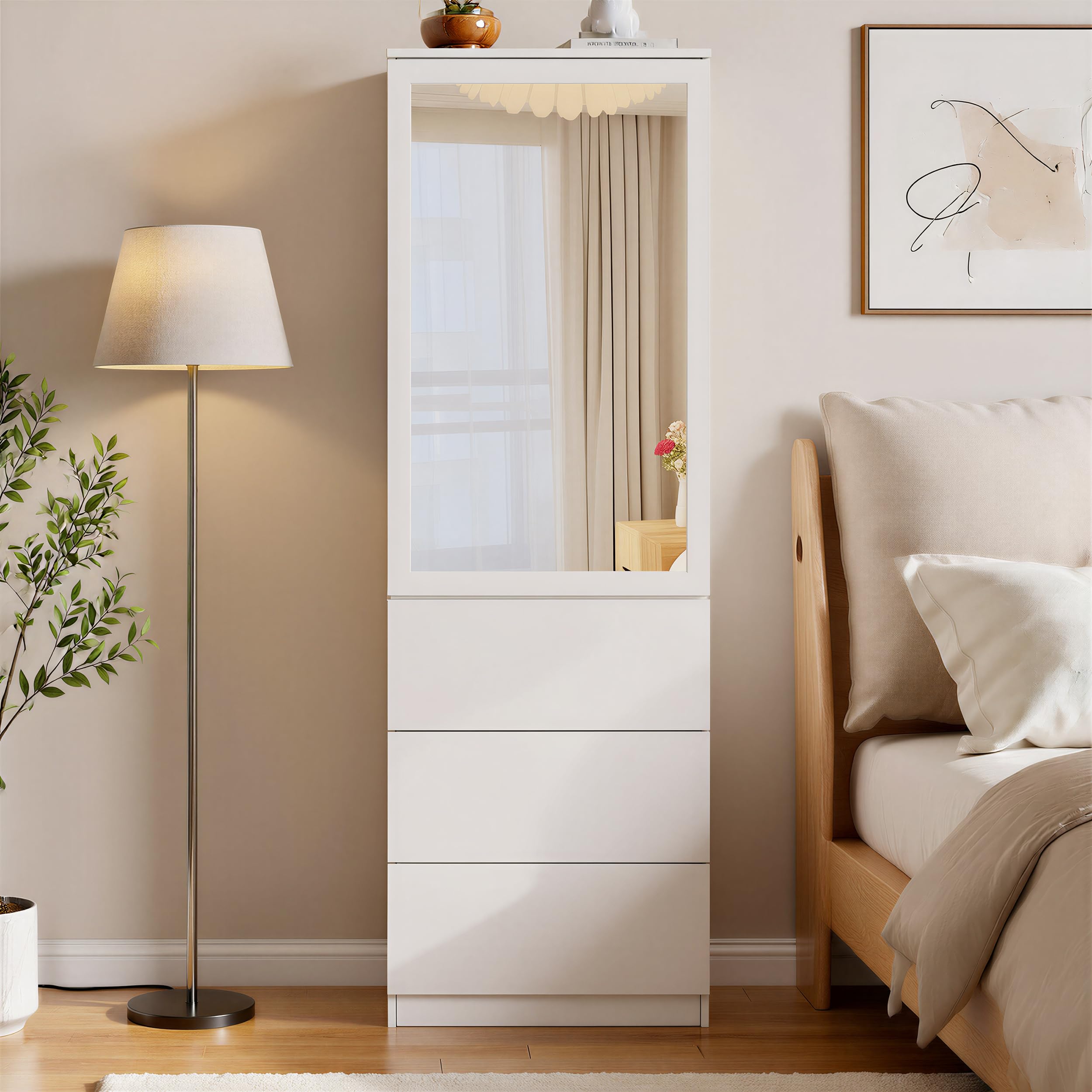 Kleiderschrank mit Spiegel,Mehrzweckschrank mit 3 Einlegeböden & 3 Schubladen, kompakter und funktionaler Schrank,Haushaltsschrank für Schlafzimmer, Flur oder Arbeitszimmer,180x50x40 cm,Weiß