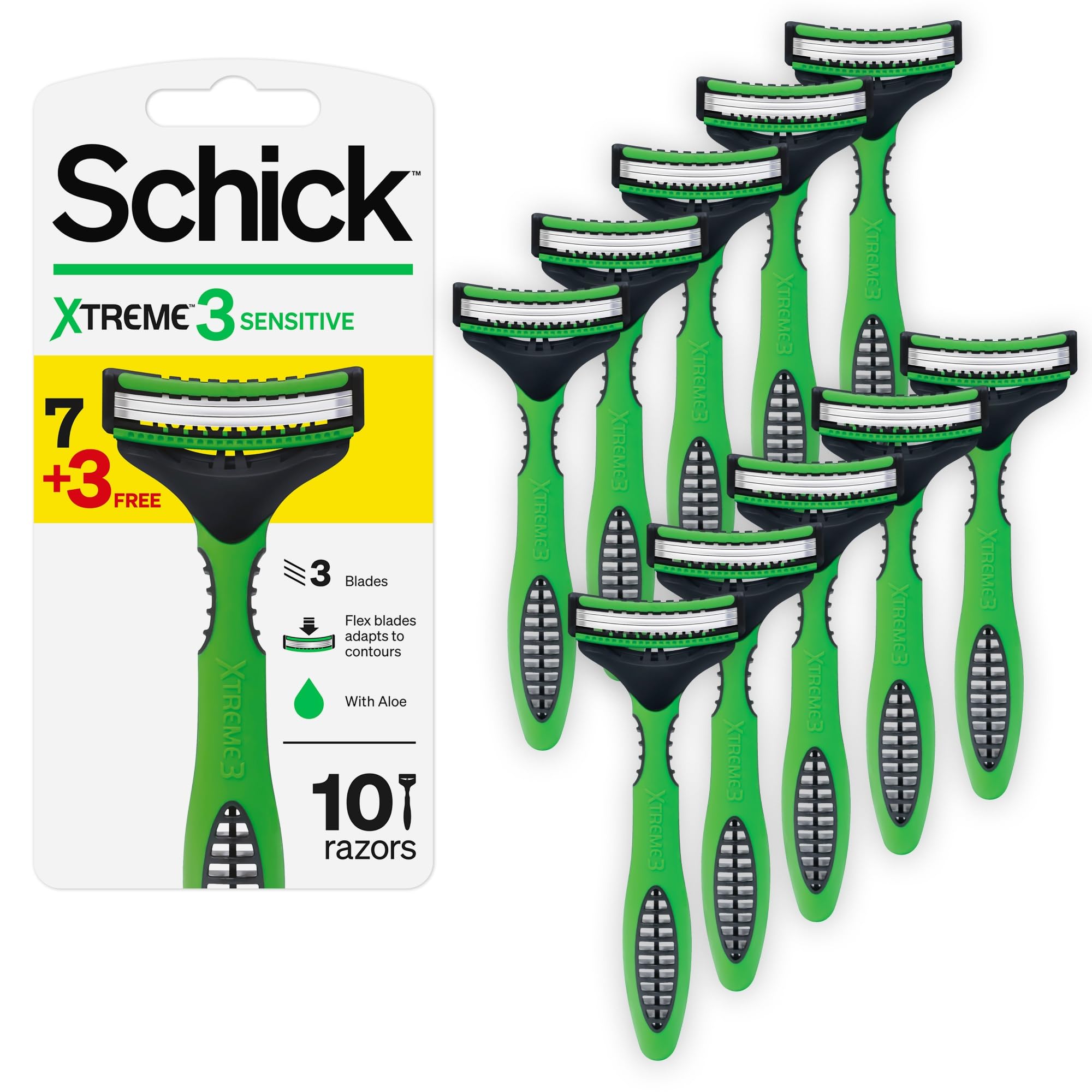 Schick Xtreme3 Sensitive Triple Blade Disposable Razor for Men - Aloe Vera Enriched Strip, Flexible Pivoting Head, No-Slip Rubber Grip Handle, Easy Rinse, No Irritation Shave - 7+3 Razors