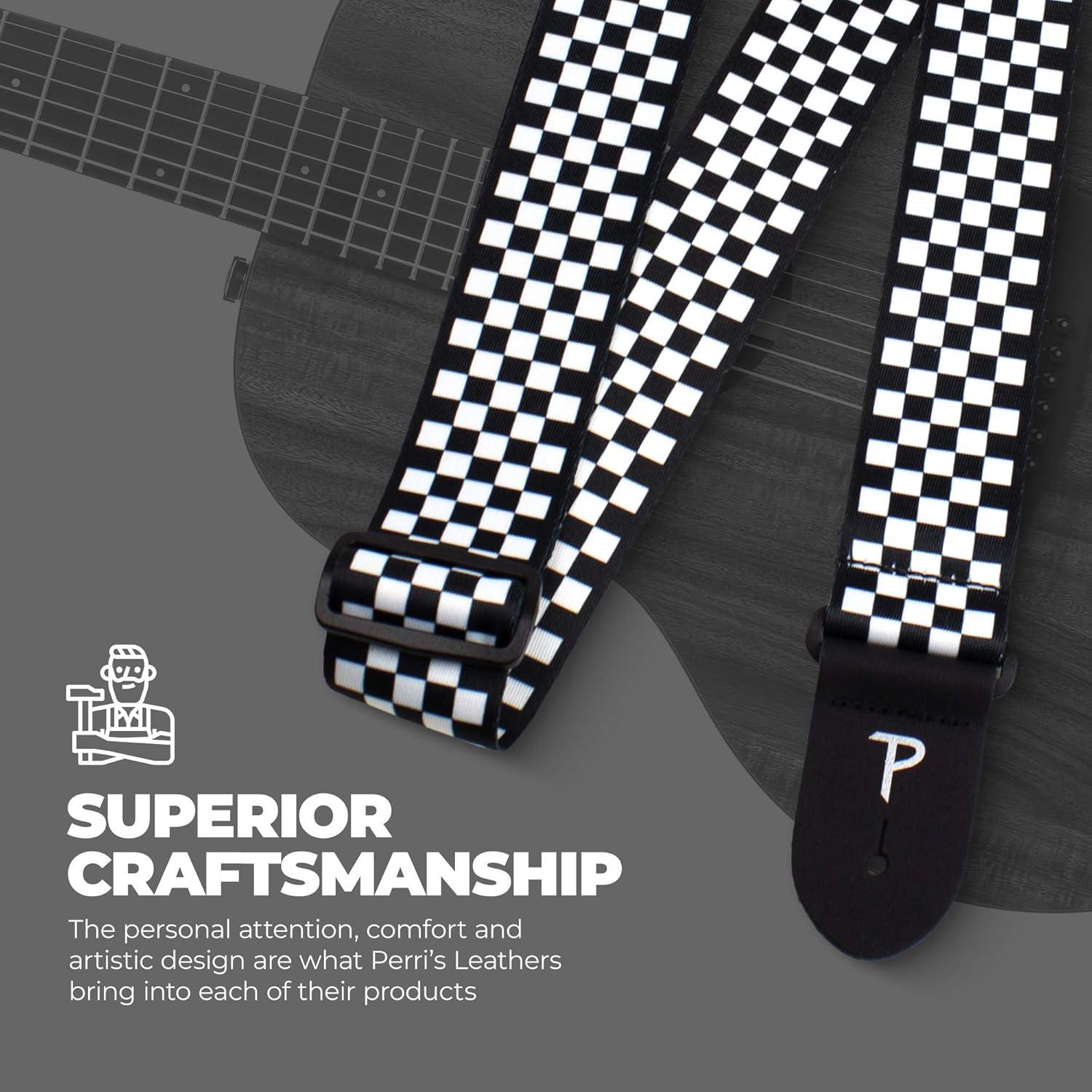 Perri's Leathers Ltd. - Guitar Strap - Bundle - Polyester Checker Guitar Strap - BONUS- 3 Medium 0.71mm Guitar Picks, 1 Leather Acoustic Adaptor, 4 Strap Locks & Shoelace (LPCP-591-PKG) : Musical Instruments