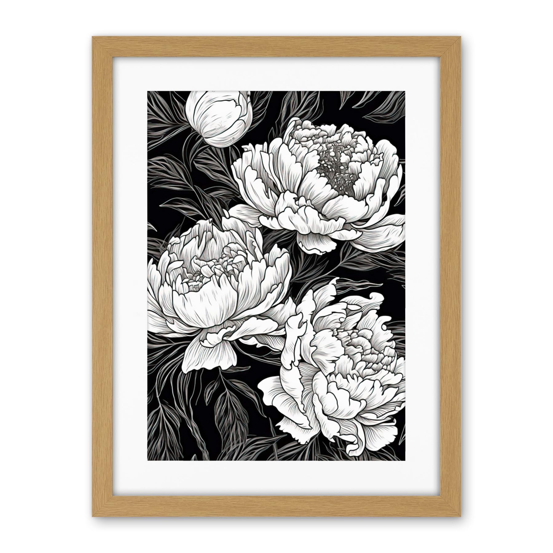 Artery8 Peony Flower Blooms White on Black Illustration Artwork Framed Wall Art Print 18X24 Inch