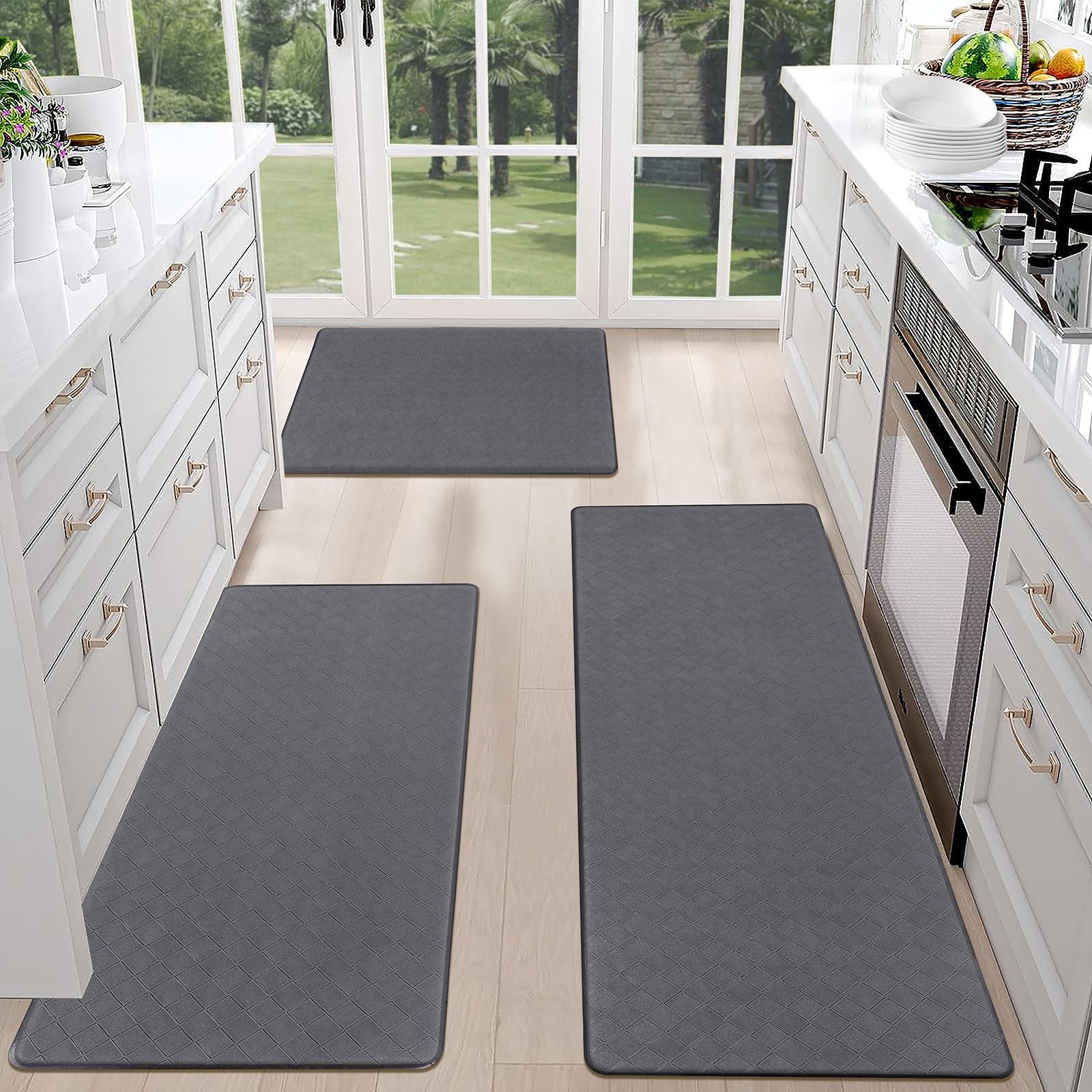 HEBE Juego de 3 tapetes de cocina antifatiga para piso, juego de 3 tapetes de cocina acolchados, antideslizantes, impermeables, cómodos, para oficina en casa, fregadero, lavandería