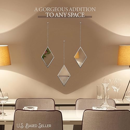 Miniatura 3 de Accent Mirrors - Espejo decorativo con forma de diamante pequeño, decoración de pared, juego de 3 piezas con cadena plateada
