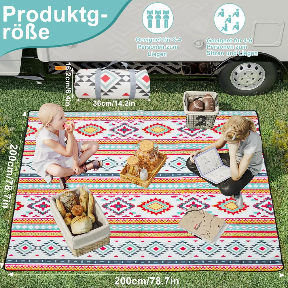 200 x 200cm Couverture de Pique-Nique Imperméable, Tapis de Plage Résistante, Tapis Pique Nique Pliable Et BandoulièRe, Fond imperméable pour Jardin, Camping, Plage et Extérieur