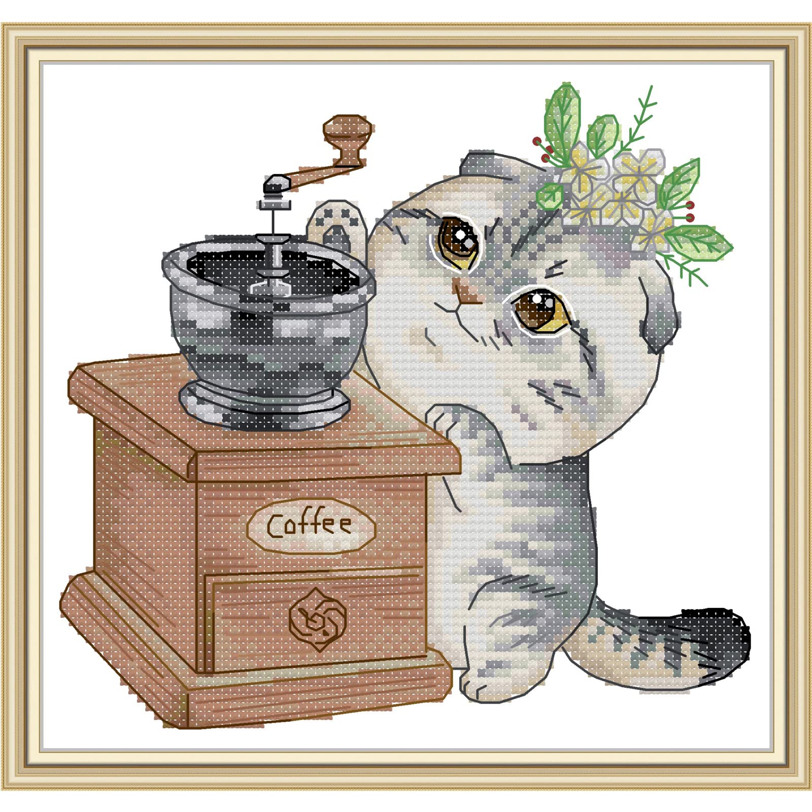 Bilrost Cross Stitch Kits for Beginners Needlepoint Kits for Adults Stamped Cross Stitch Kits for Adults DIY 14CT Embroidery Patterns Stitches Kit-Cats and Coffee Grinders 7.87x7.48 inch