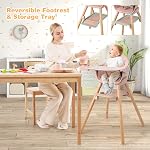 HONEY JOY Chaise haute bébé, 6 Dans 1 Chaise haute en bois convertible pour bébés et tout-petits/Chaîne bébé/Tool de bar, Bac double amovible & Repose-pieds réversible, Harnais de sécurité pour les jeunes filles (Pink)