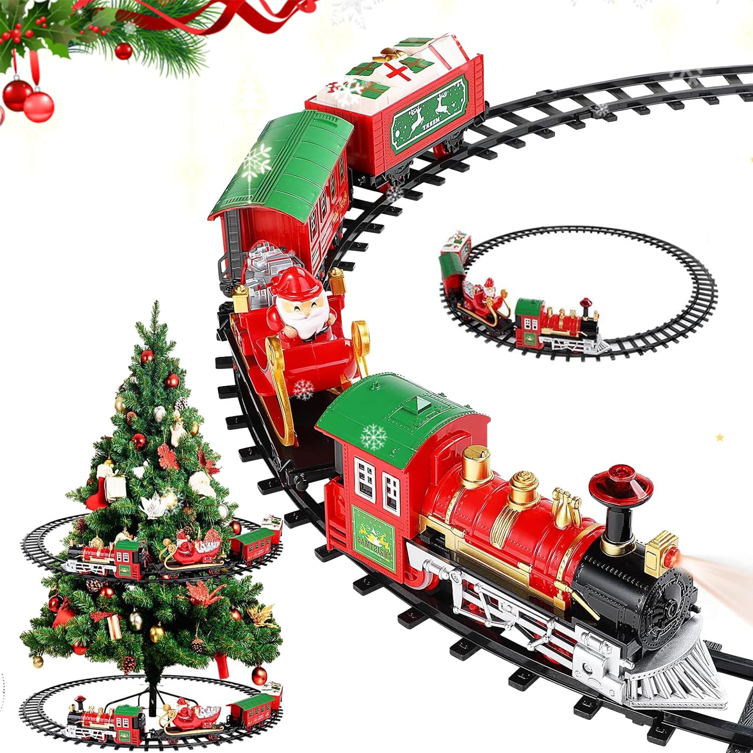 Train Electrique Noel, Train de Noël autour du sapin de Noël, Train Suspendu de Noël, Train Jouet pour Enfants avec sons, Cadeau Train de Noel Electrique pour Sapin Enfants Garçons et Filles (18P)