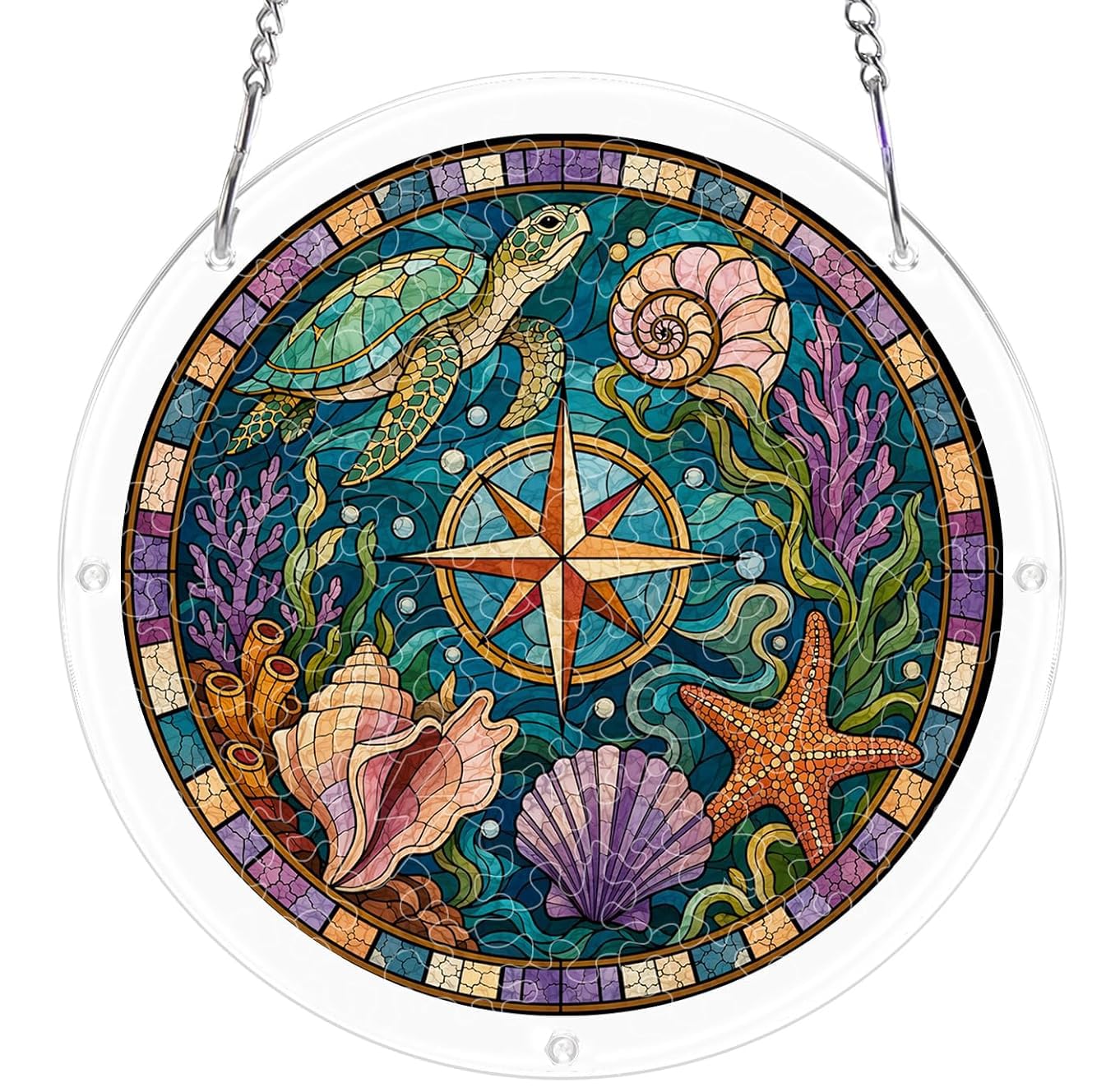 Ocean Compass Acrylic Jigsaw Puzzles Suncatcher, 8.9 Inch Window Hanging Suncatcher Acrylic Puzzle, DIY Home Decor Art Gift