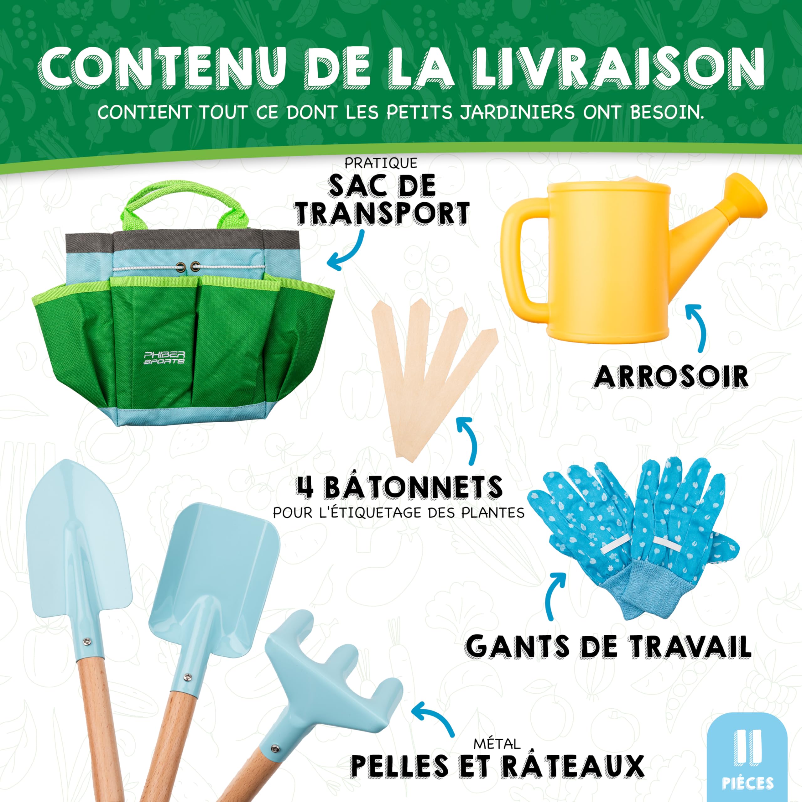 PHIBER-Sports Ensemble d'outils de Jardin pour Enfants (11 pièces) - Outils de Jardinage pour Enfants à partir de 3 Ans - Outils en métal, arrosoir, Gants de Jardinage, Sac