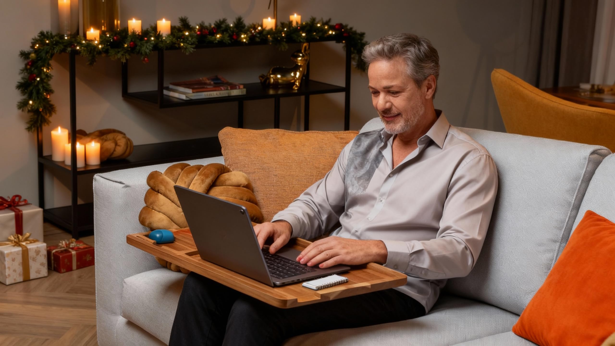 lula Tappetino per laptop in legno di acacia – con grande tappetino per mouse in pelle e pratico supporto per notebook, tablet e telefono; tavolo portatile per laptop in casa o come tavolo da letto a