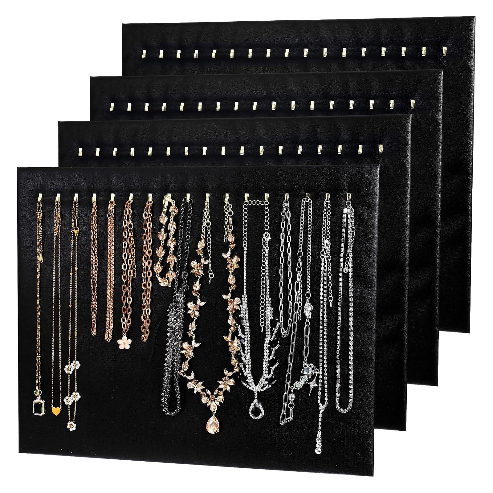 Jazuaiao Of 4 Black Jewelry Boards 17 Hooks Stand Sturdy Polyester Leather Wrap Suitable for Jewelry Easy Transport Display Stand with Hooks