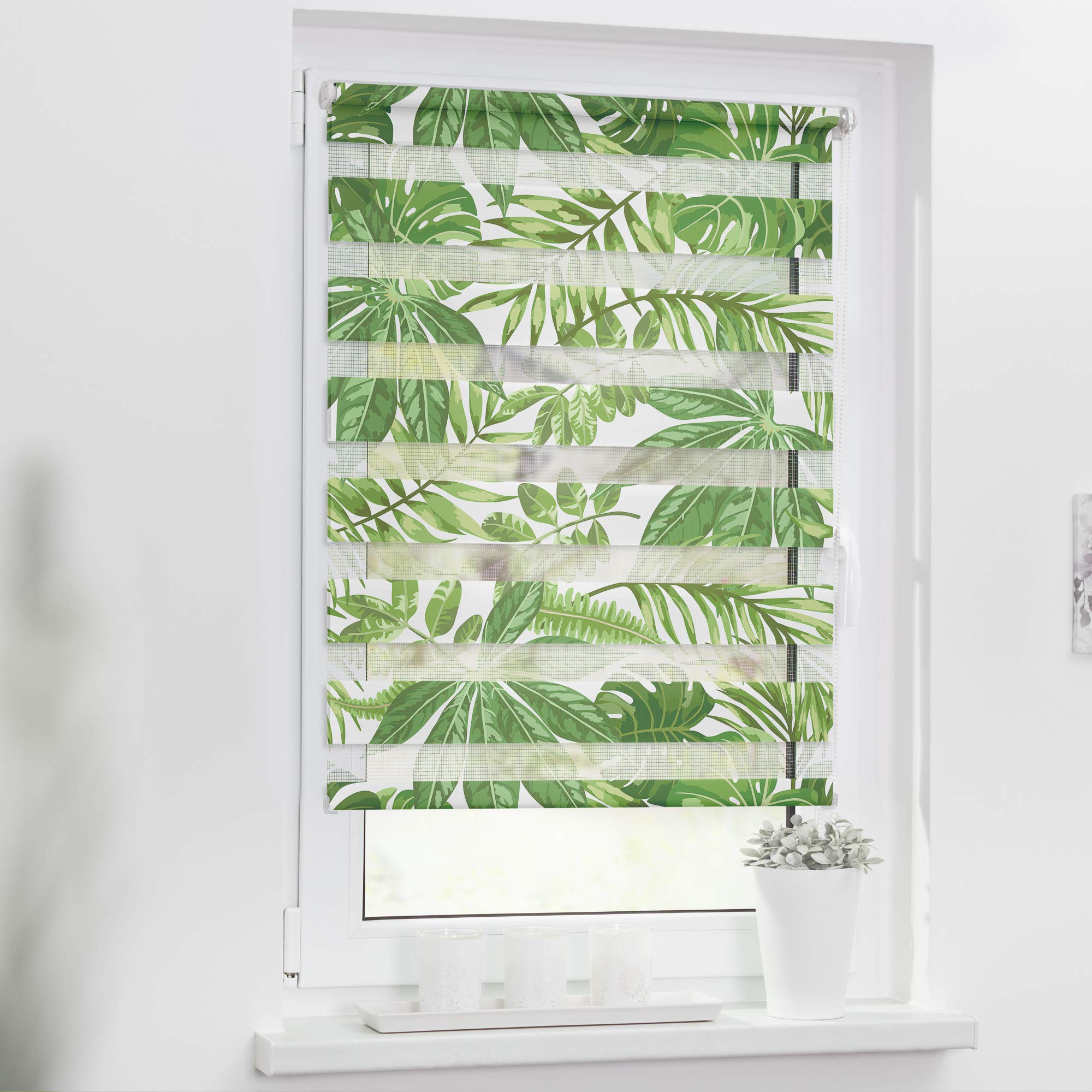 Lichtblick Doppelrollo Klemmfix ohne Bohren mit Motiv, Blätter - Grün, Blickdicht, Made in Germany, Klemmträger 100 cm x 150 cm (B x L)
