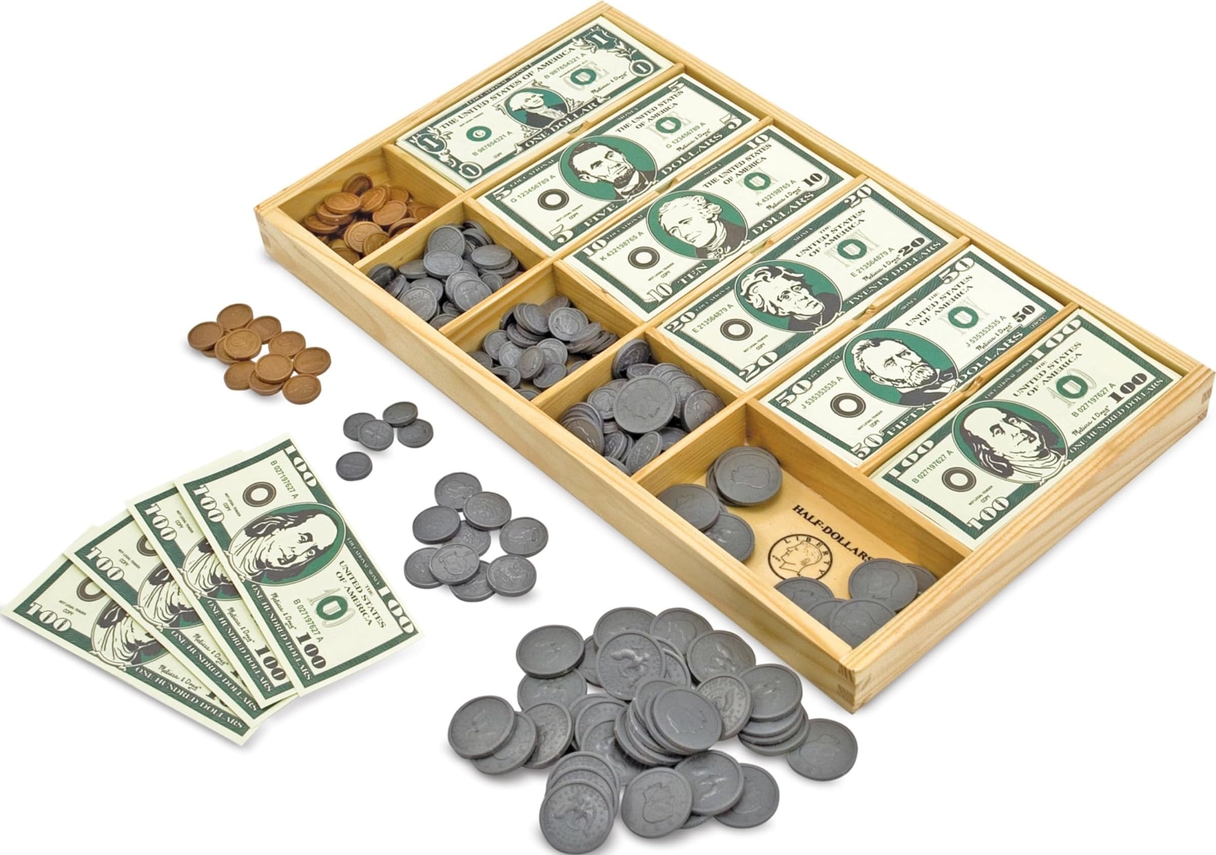 Melissa & Doug Play Money Set - Educational Toy with Paper Bills and Plastic Coins (50 of Each Denomination) and Wooden...