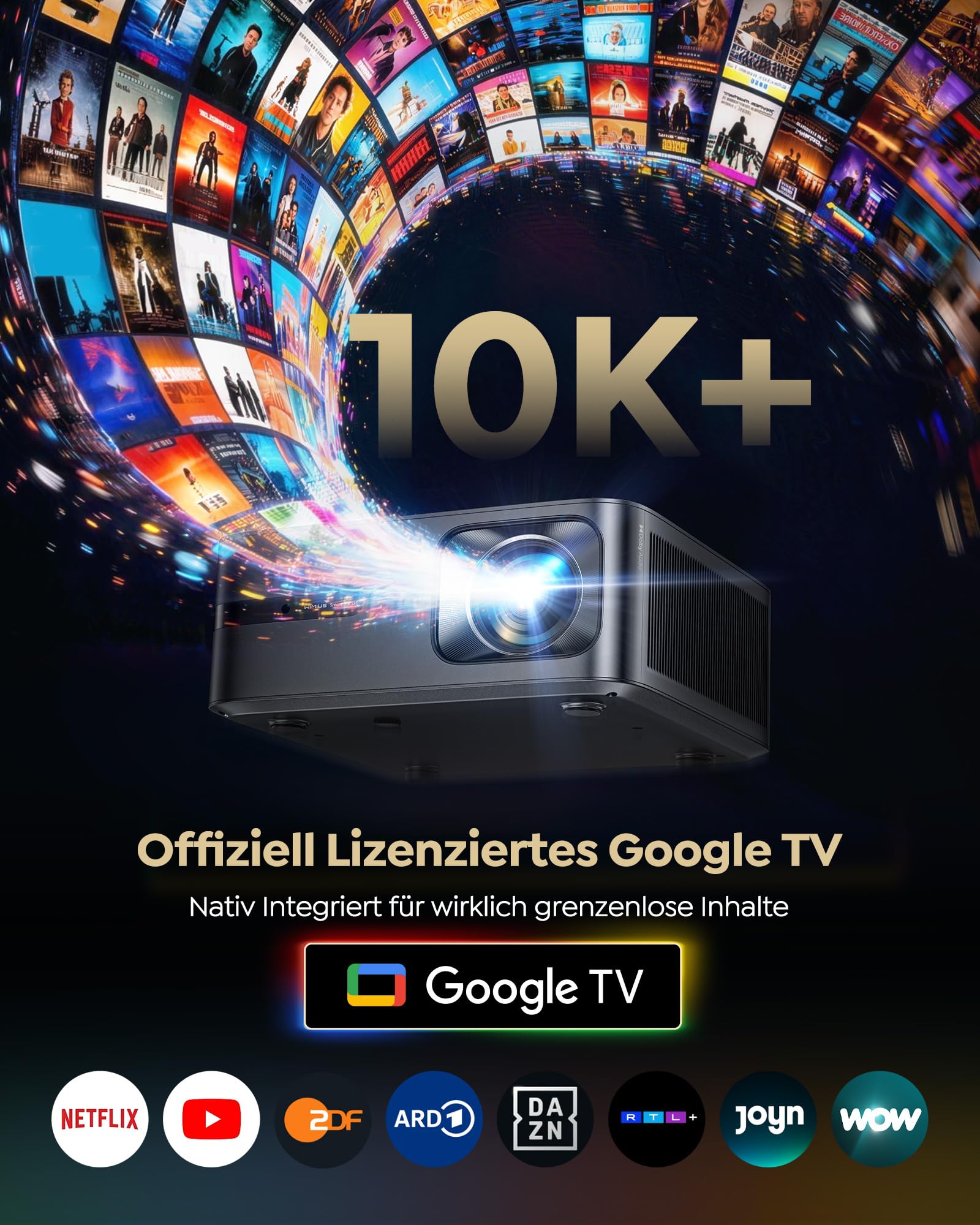 Beamer 4K mit Google TV 14.0, 2200 ANSI, MEMC, HDR10, 40W Dolby Audio, 4K Beamer Heimkino KI-Bildanpassung Smart Projektor Google Sprachsteuerung 2-Wege Bluetooth 5.4 WiFi6 2+32GB HDMI 2.1