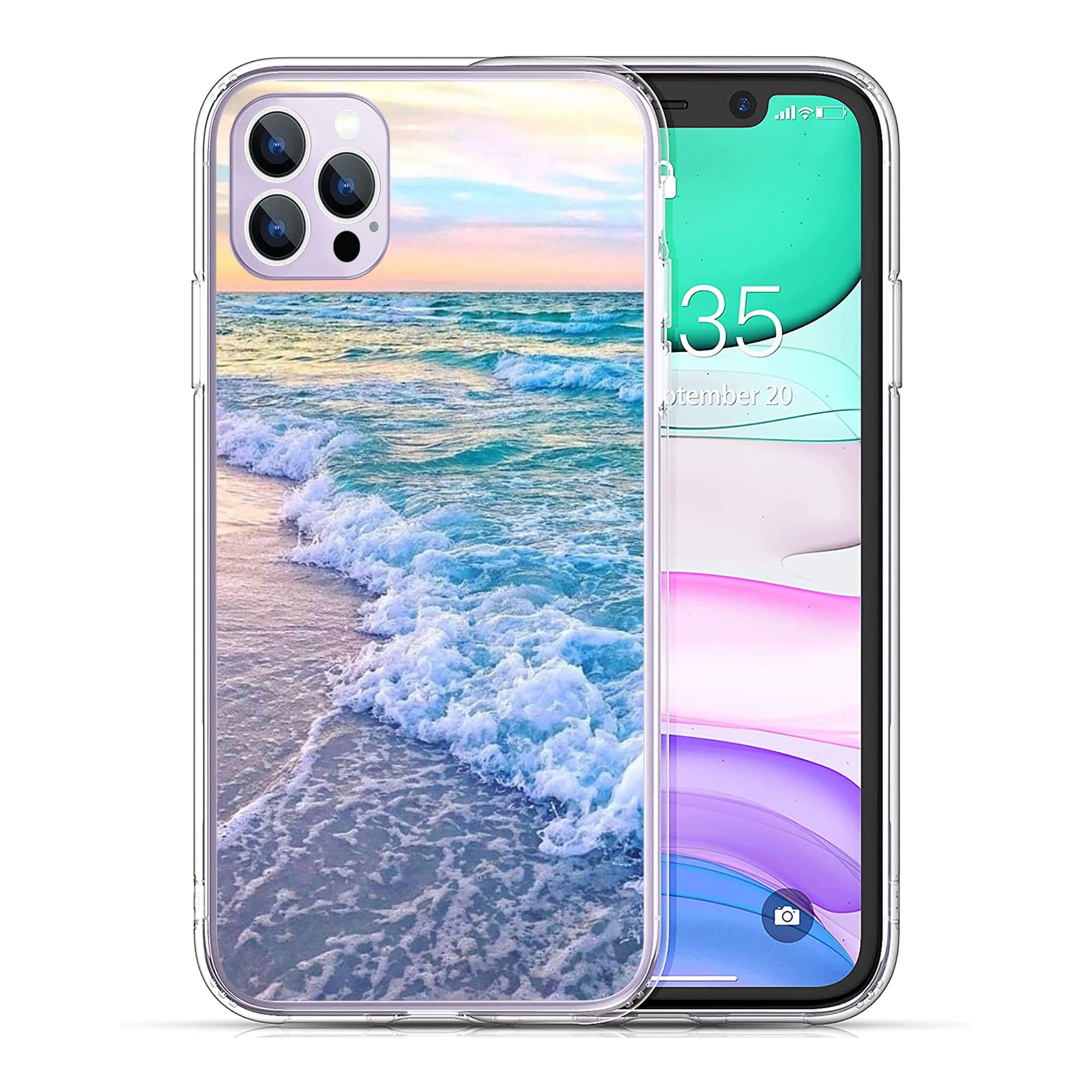 PINPNPZ Compatible with iPhone 14 Pro Max Case, Aesthetic Beach Wave Sunset Glow Phone Case Soft TPU Shockproof Clear Case Gift for Women Girls