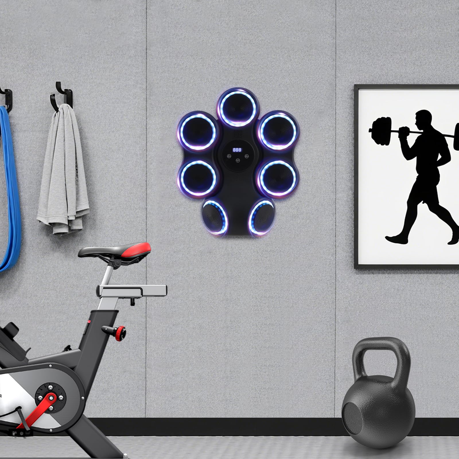 Macchina da boxe con musica e luce, allenamento interattivo, montaggio a parete, 7 obiettivi | Ricarica USB: controllo touch screen e 11 modalità di impatto per un allenamento vario