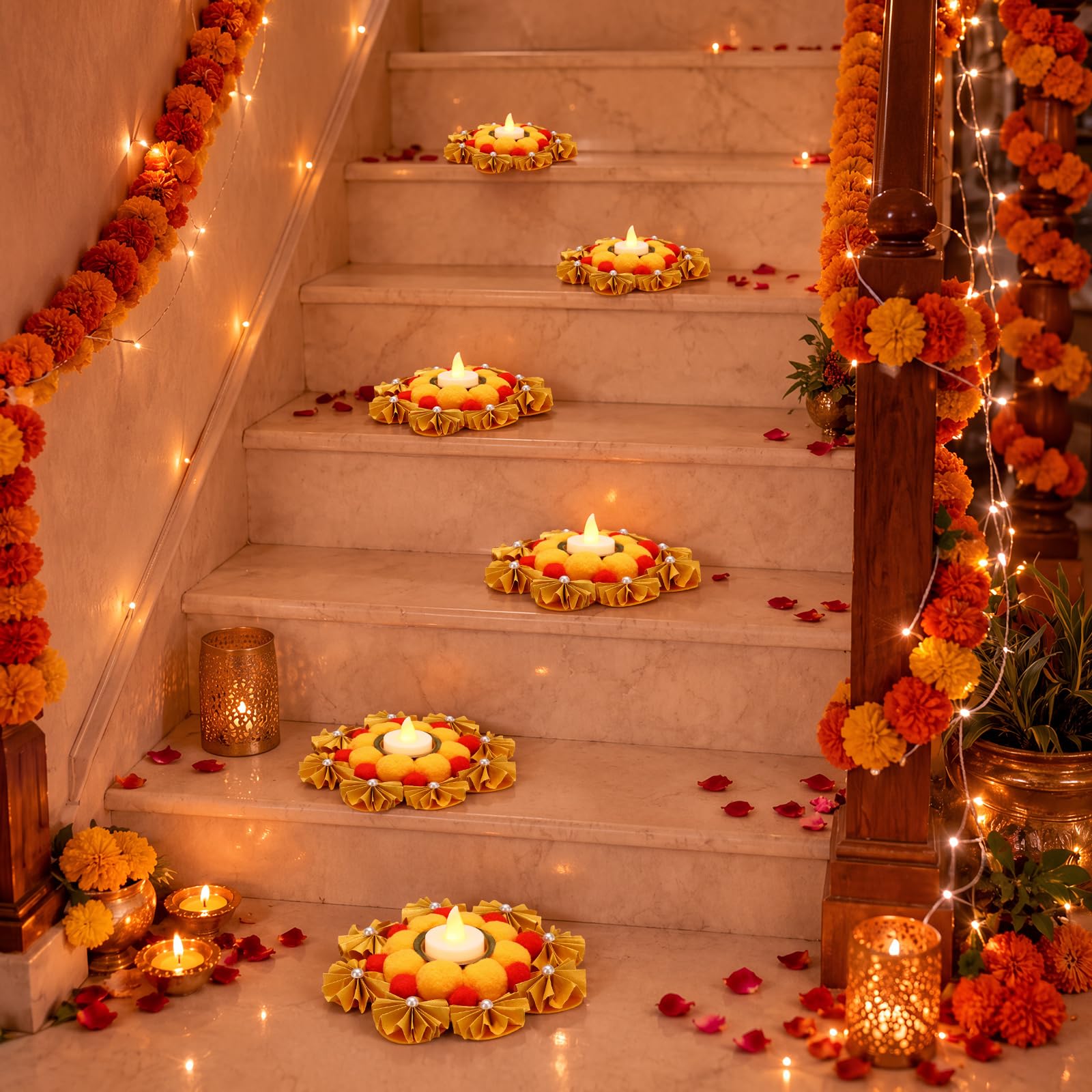 LemonRoad Confezione da 7 tappetini decorativi per Diwali Rangoli da 15,2 cm, per lumini LED, fatti a mano, decorazione per la casa, candele LED, decorazioni con pompon per regalo Pooja