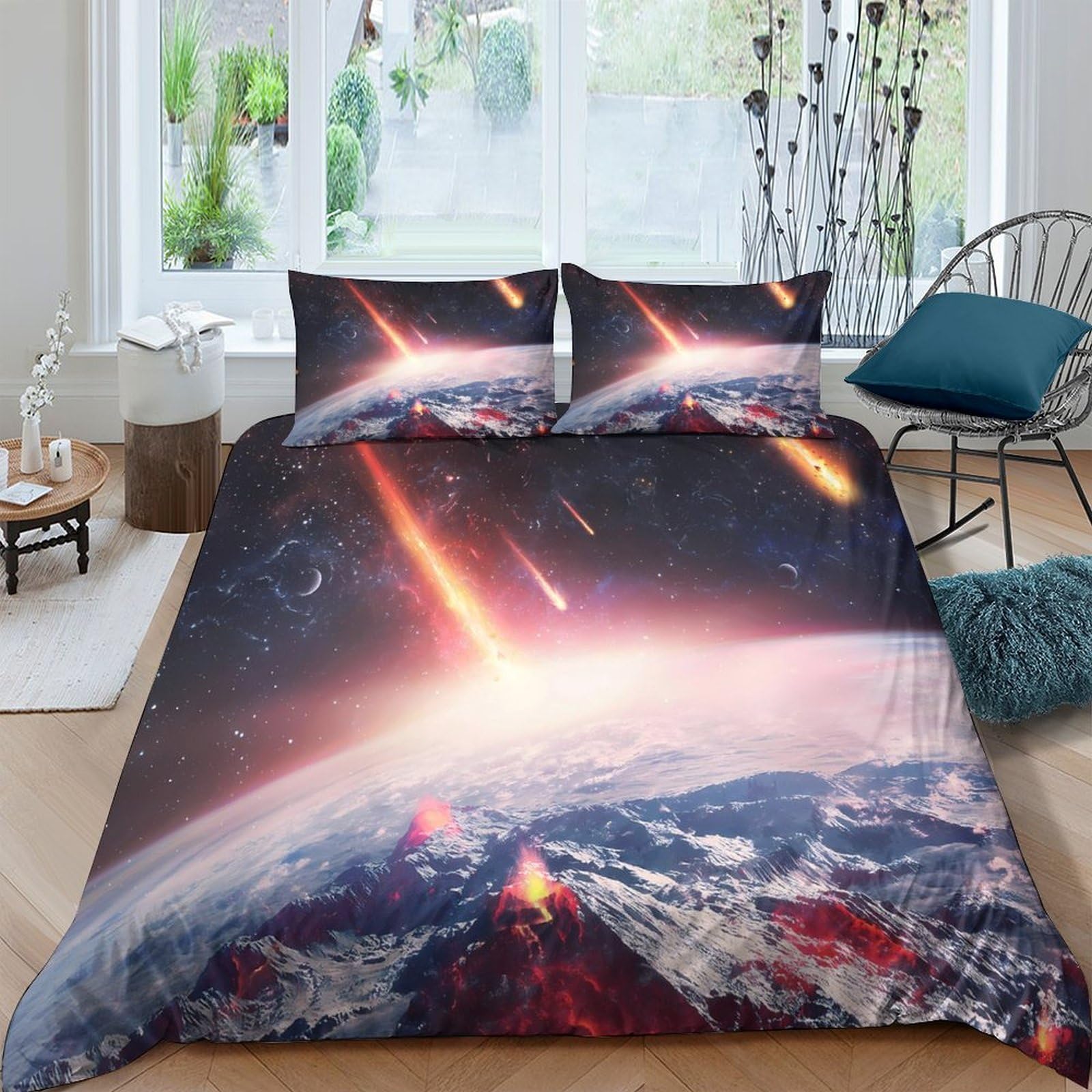 Ctjqhvkz Style-10 3D Printed Meteor Shower Fitted Sheet Microfiber Soft Breathable Earth Space Bed Cover For Bedroom Dorm Decor Single（135X200cm）