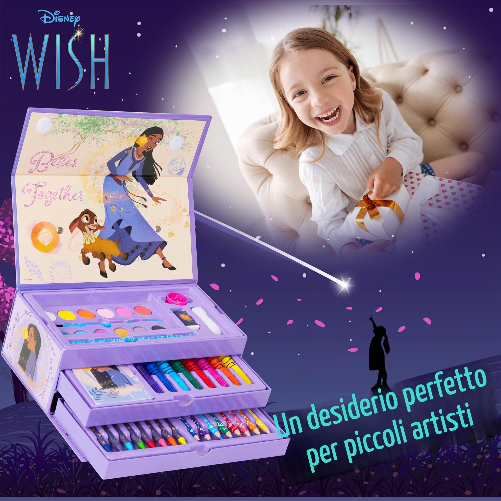 Disney Wish Valigetta Colori Bambina - Kit Disegno 40 + Acquerelli Per Bambini Colori A Matita Pennarelli Pennello Idea Regalo Creativa Bambine