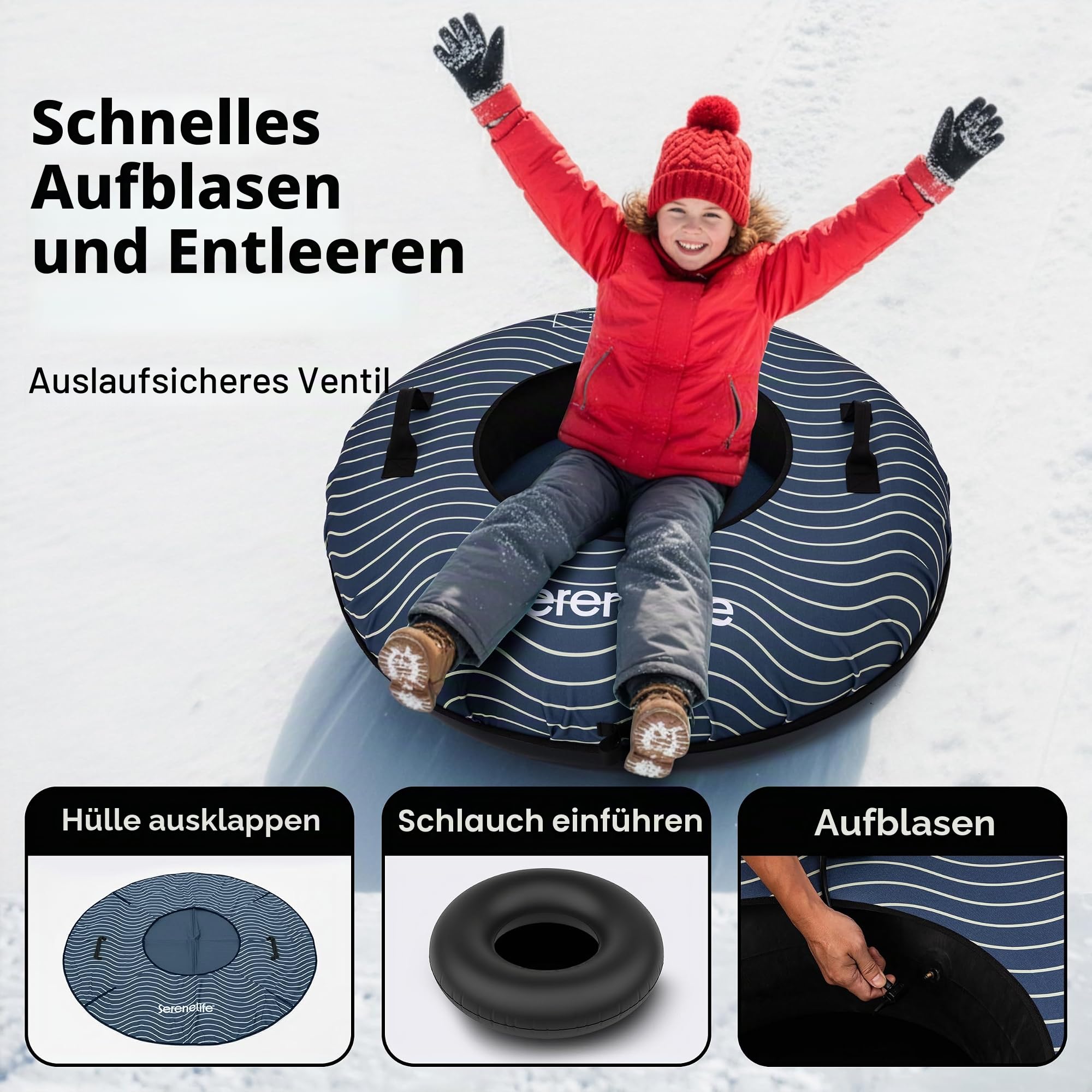 SereneLife Snowtube 102 cm – Aufblasbarer Schlitten mit Zugband & Hartplastikboden für Kinder & Erwachsene Reinforced Boden & Extra-Polsterung - Schnelle Gleitfläche - Winterspaß für 2 Personen