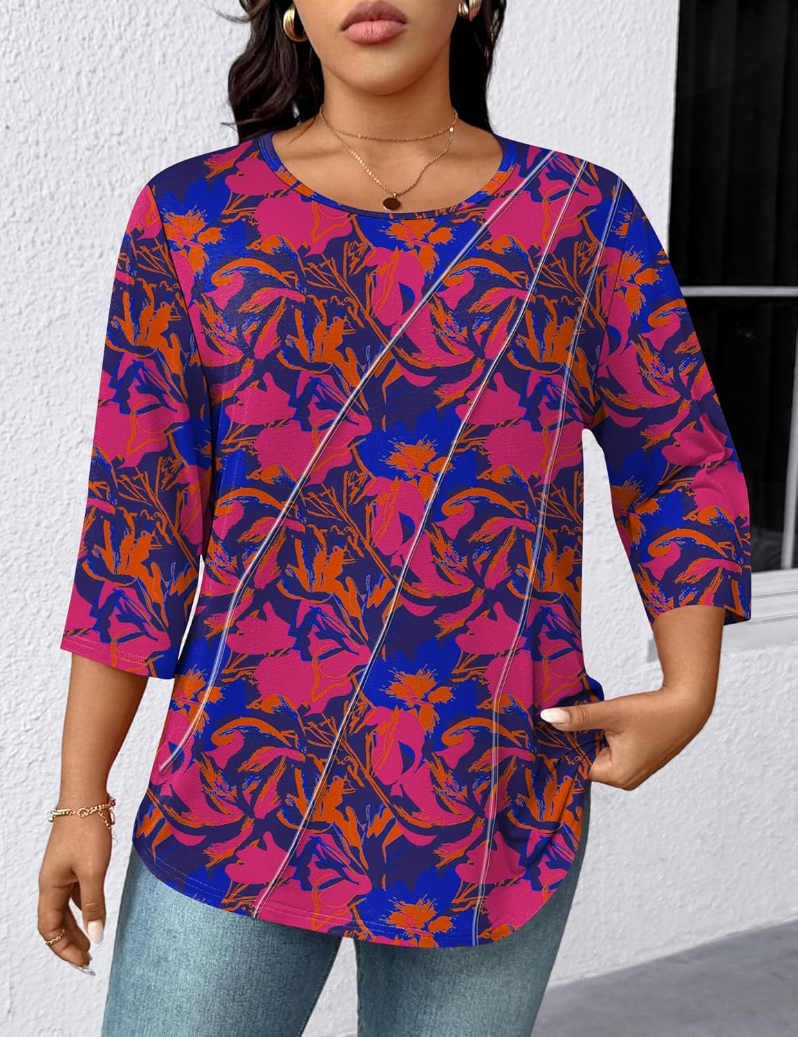 LOMON Womens Plus Size Tops 3/4 Length Sleeve Womens Tops Pleated Crewneck Fall Shirts Summer Blouses 2026 (1X-5X) - Image 3