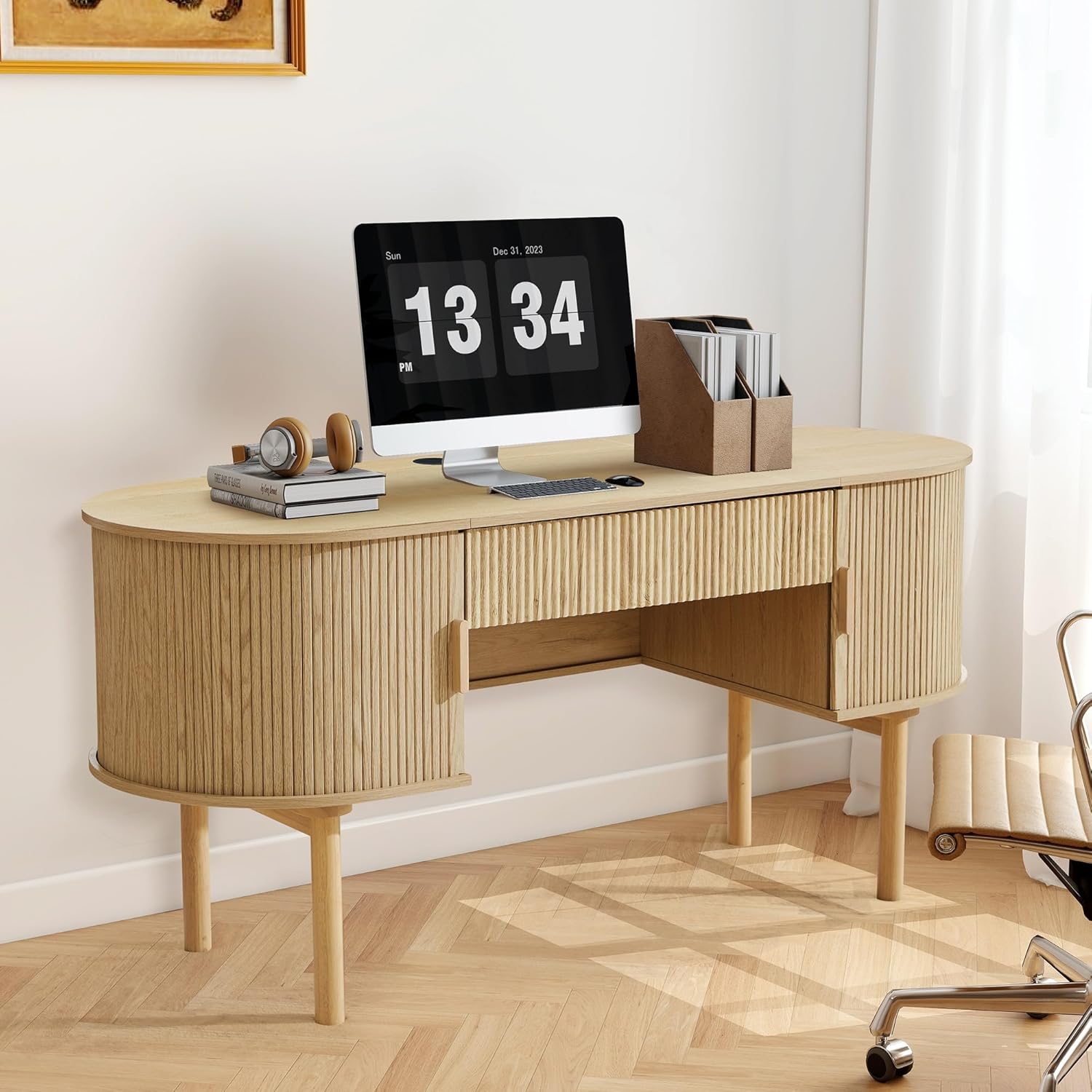 Executive Office Desk with Storage, 63 Inch Large Computer Workstation Desk with Drawer and File Cabinets, Mid Century Modern Fluted Wood Writing Desk for Home Office, Study Room, Living Room, Natural