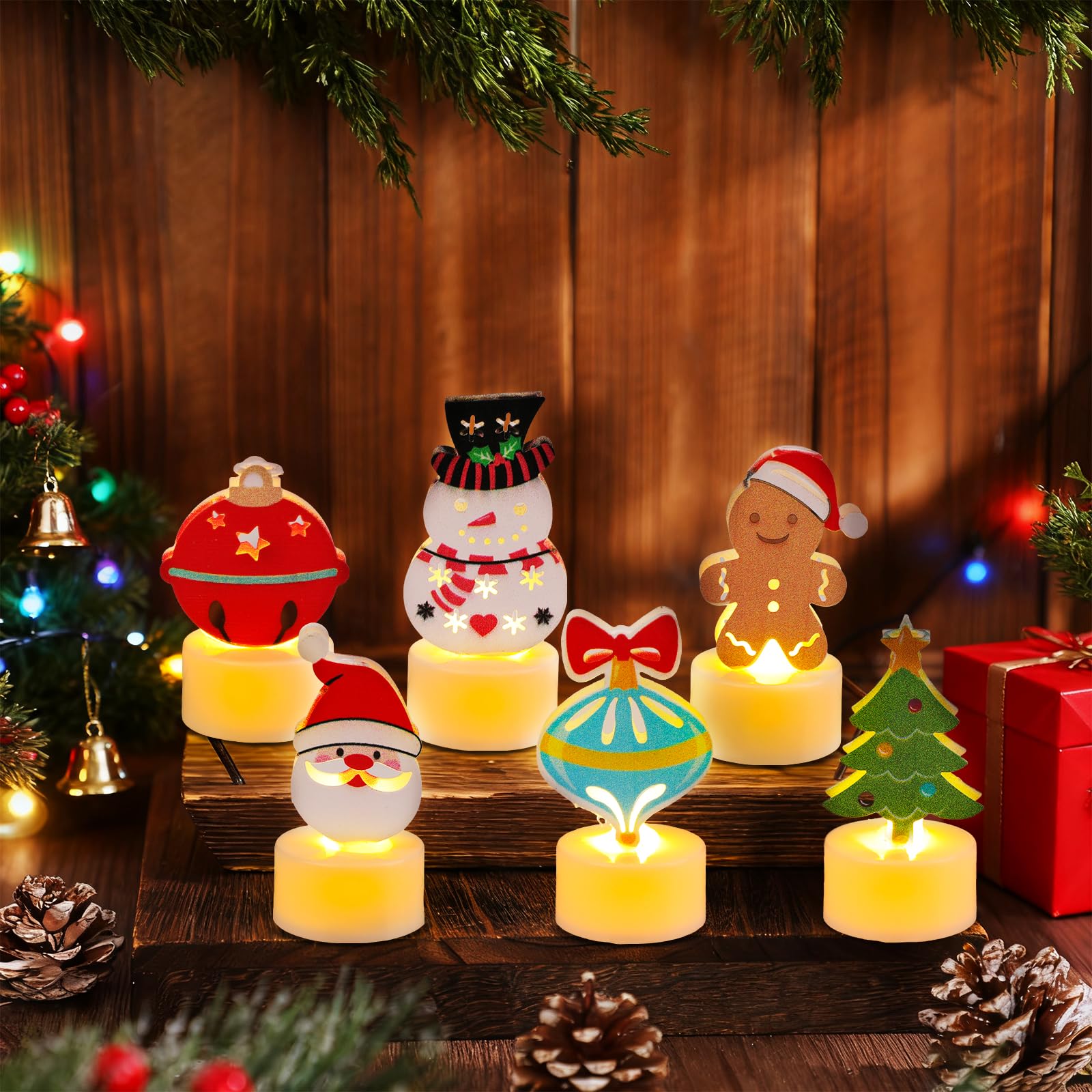 Candele natalizie, 6 lumini a LED senza fiamma, con 6 motivi festivi, funzionamento a batteria, per decorazione centrotavola da tavola