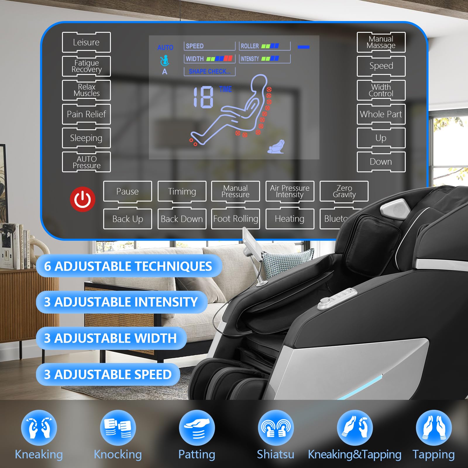 Fauteuil de Massage électrique Zero Gravity - Fauteuil de Massage Shiatsu inclinable avec roulettes pour Les Pieds - Système de Massage à l'air - Thérapie par la Chaleur intégrée