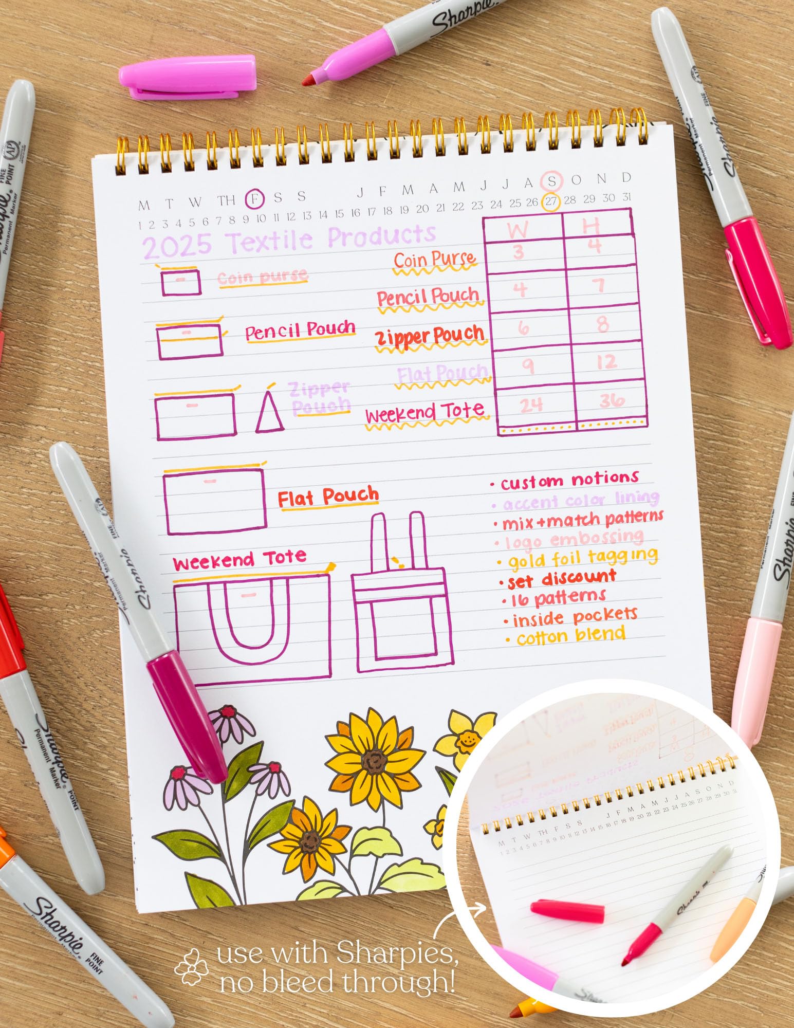 Elyse Breanne Design, Notas de reunión, 8.5 x 11 pulgadas, encuadernado en espiral superior, 52 hojas, todo en uno, bloc de notas abatible, calendario perpetuo, lista, planificador de proyectos de