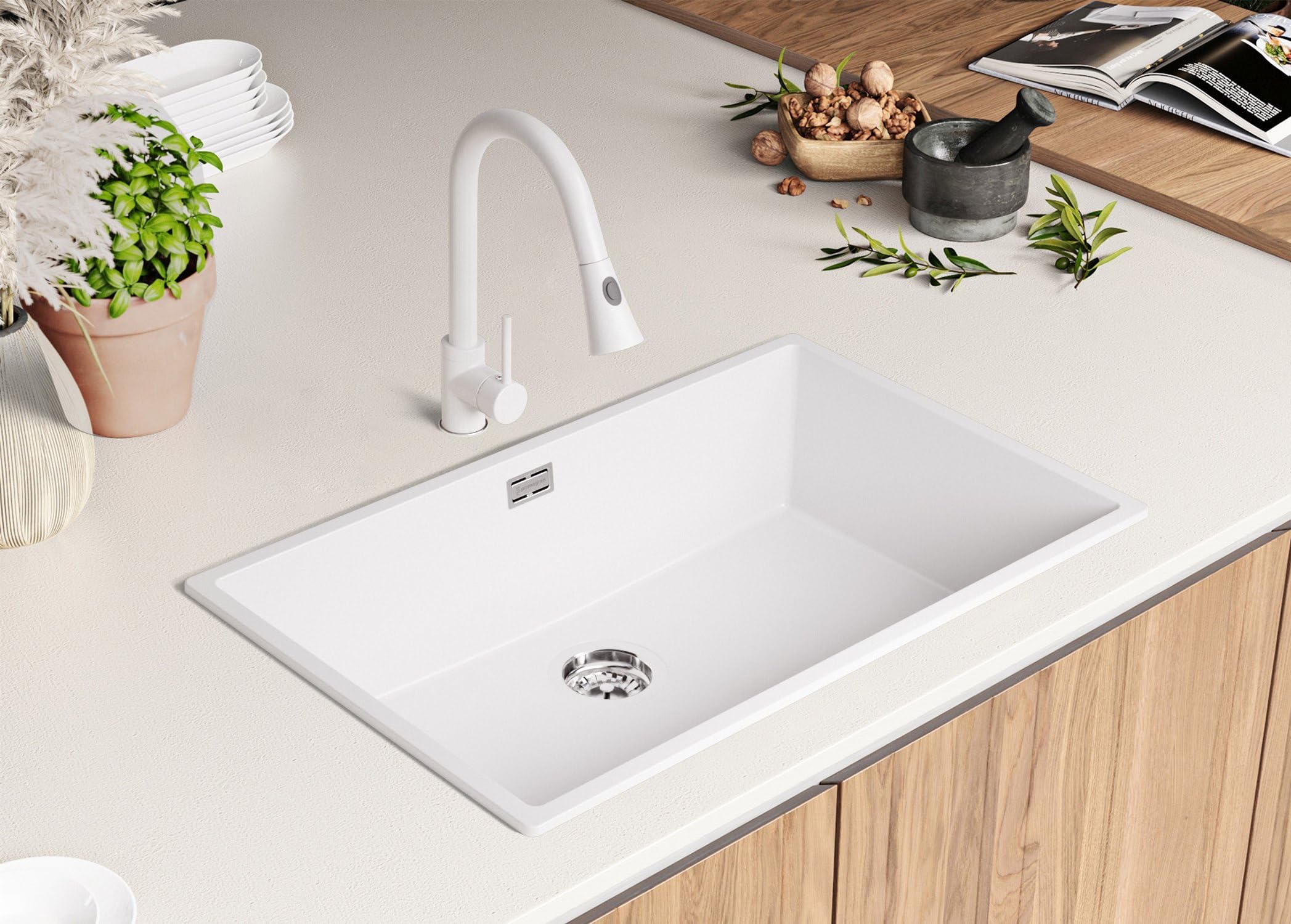 PRIMAGRAN Lavello da Cucina Bianco 76x47cm, Lavandino in Granito a 1 vasca + Sifone Classico, Lavabo da Cucina Incasso al Mobile 80cm - London Slim S478
