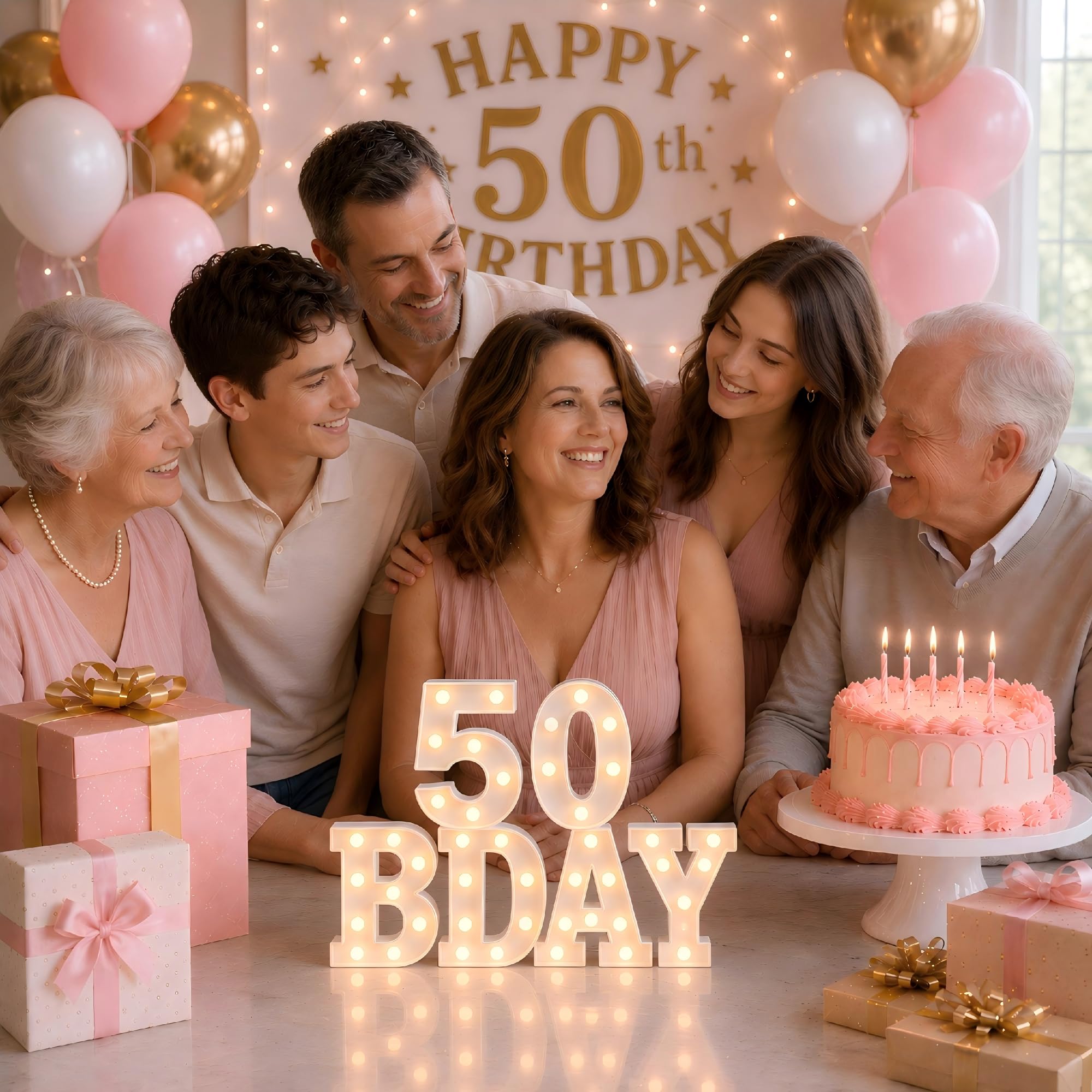 Dekoration zum 50. Geburtstag für Damen und Herren, 6 lange LED-Lampen, Leuchtbuchstaben "50 BDAY" für Partydekoration