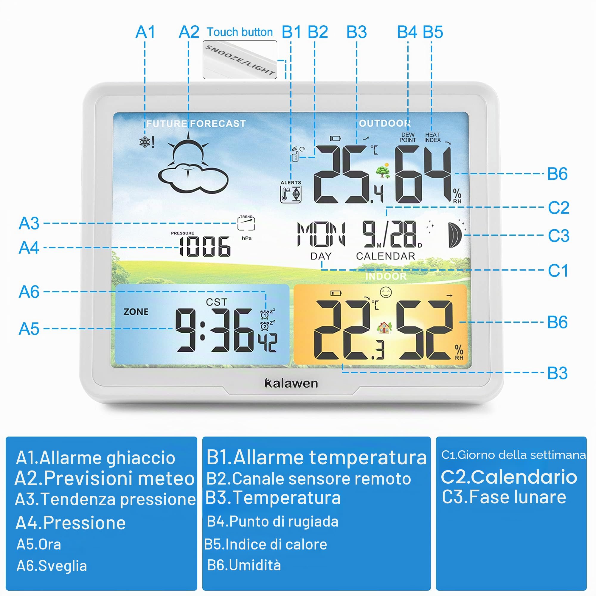 Stazione meteo radio Kalawen con sensore esterno, display digitale a colori, orologio radio DCF per uso interno ed esterno, termometro, igrometro, previsioni meteo, barometro e fasi lunari (bianco)
