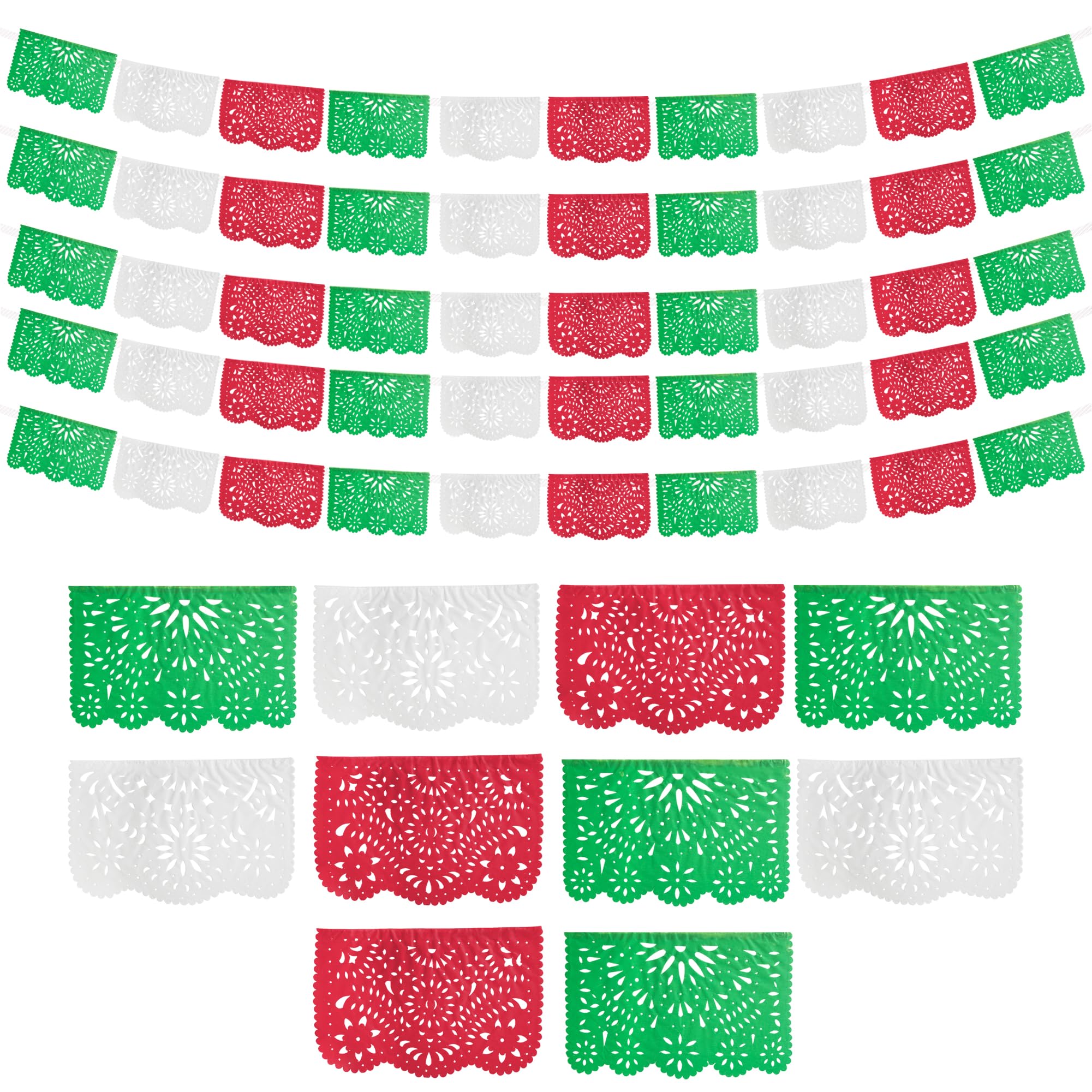 Mexican Party Banners Tricolor (5 Pack - 10 Tissue Paper Flags per Banner/Not Plastic) - Papel Picado Green White Red - Papel Picado Mexicano para