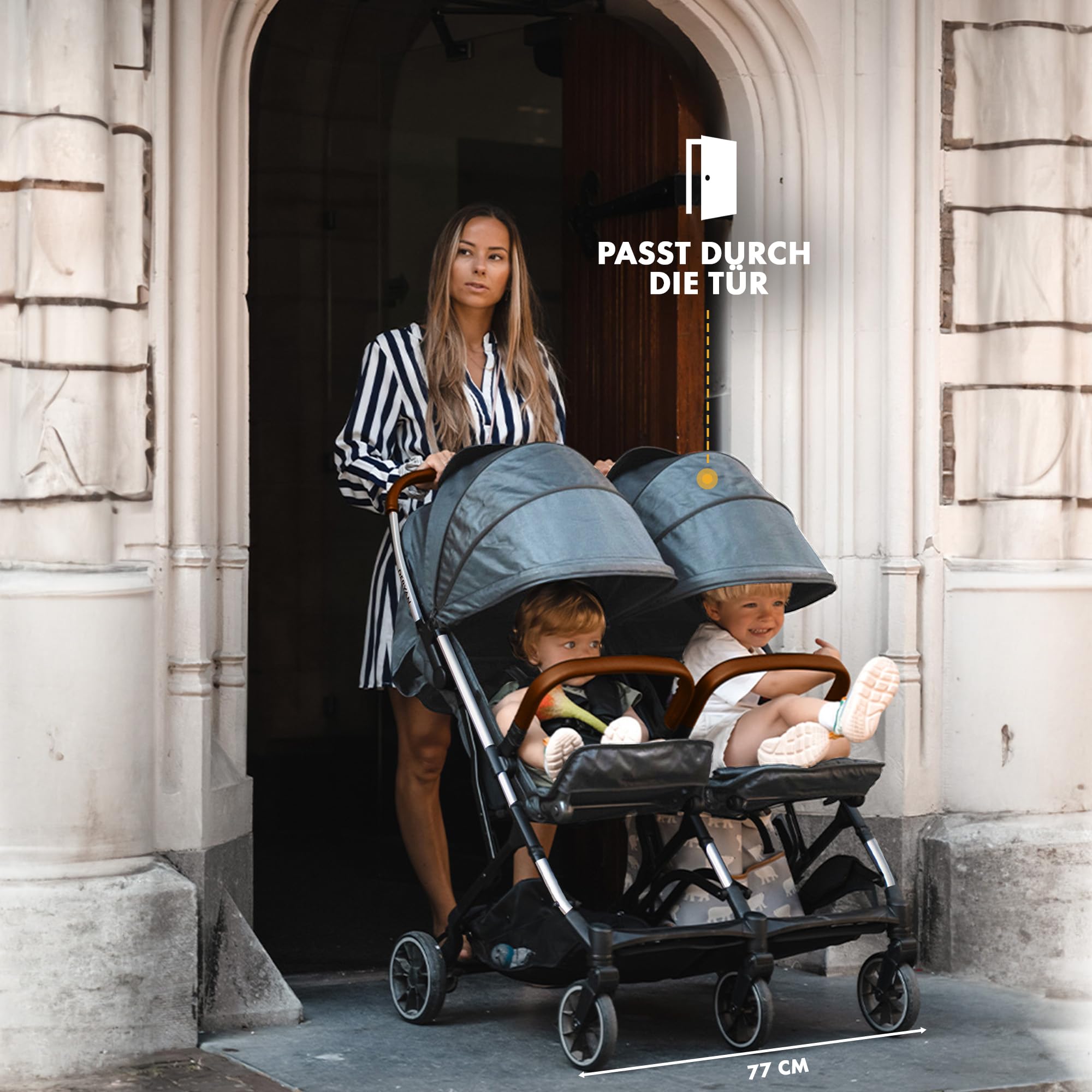 Deryan Rolo X2 Kinderwagen Buggy 2 in 1 - Buggy klein zusammenklappbar - Geburt bis 4 Jahre - Baby Wagen pro Sitz belastbar bis 22kg - Kinderbuggy klappbar - KOMPAKT & FALTBAR - Grau
