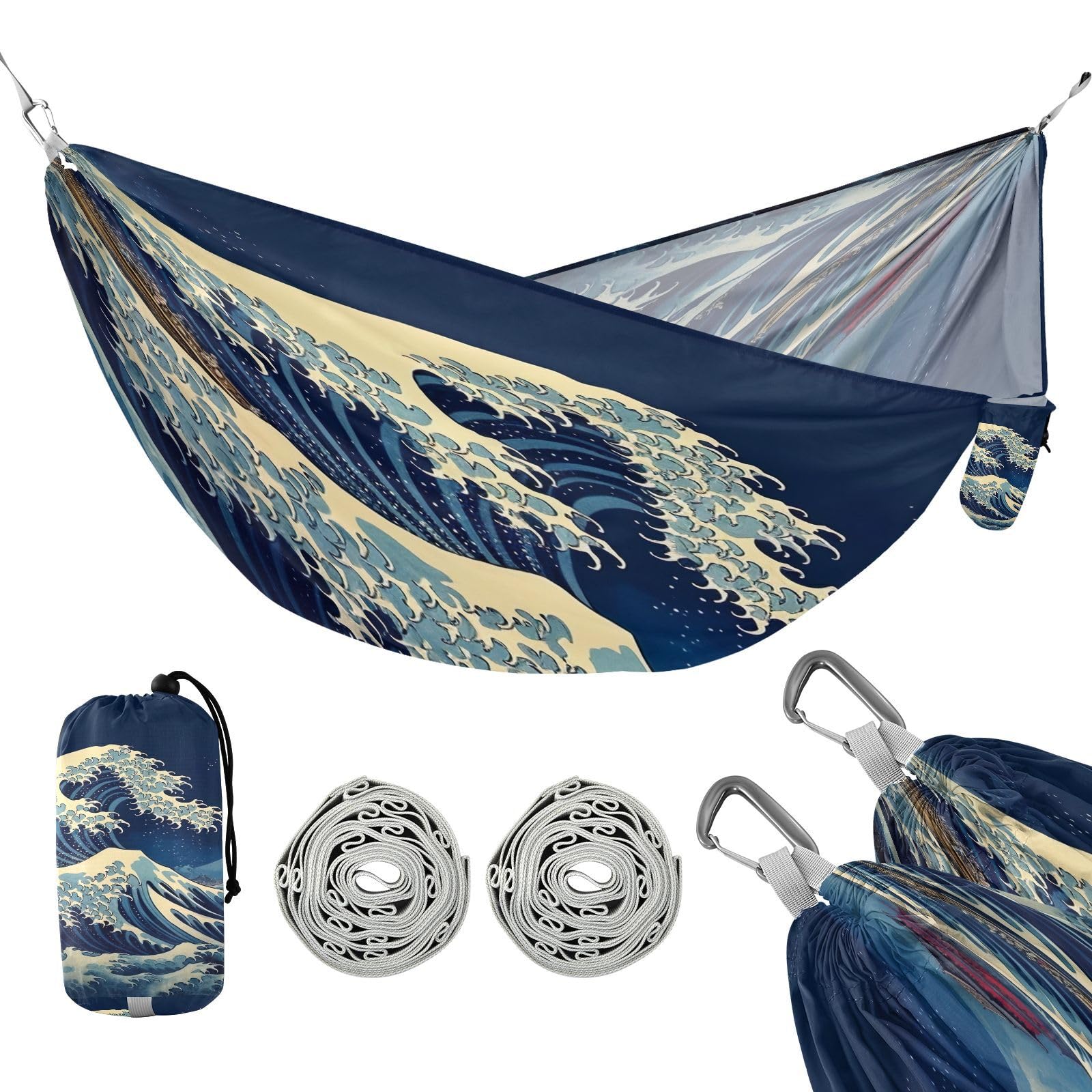 Haskirky Sea Wave Camping Hammock, Single Portable Hammocks with Tree Straps & Attached Carry Bag, 330Lbs Capacity Perfect for Outside Indoor Hiking Beach Backpack Travel
