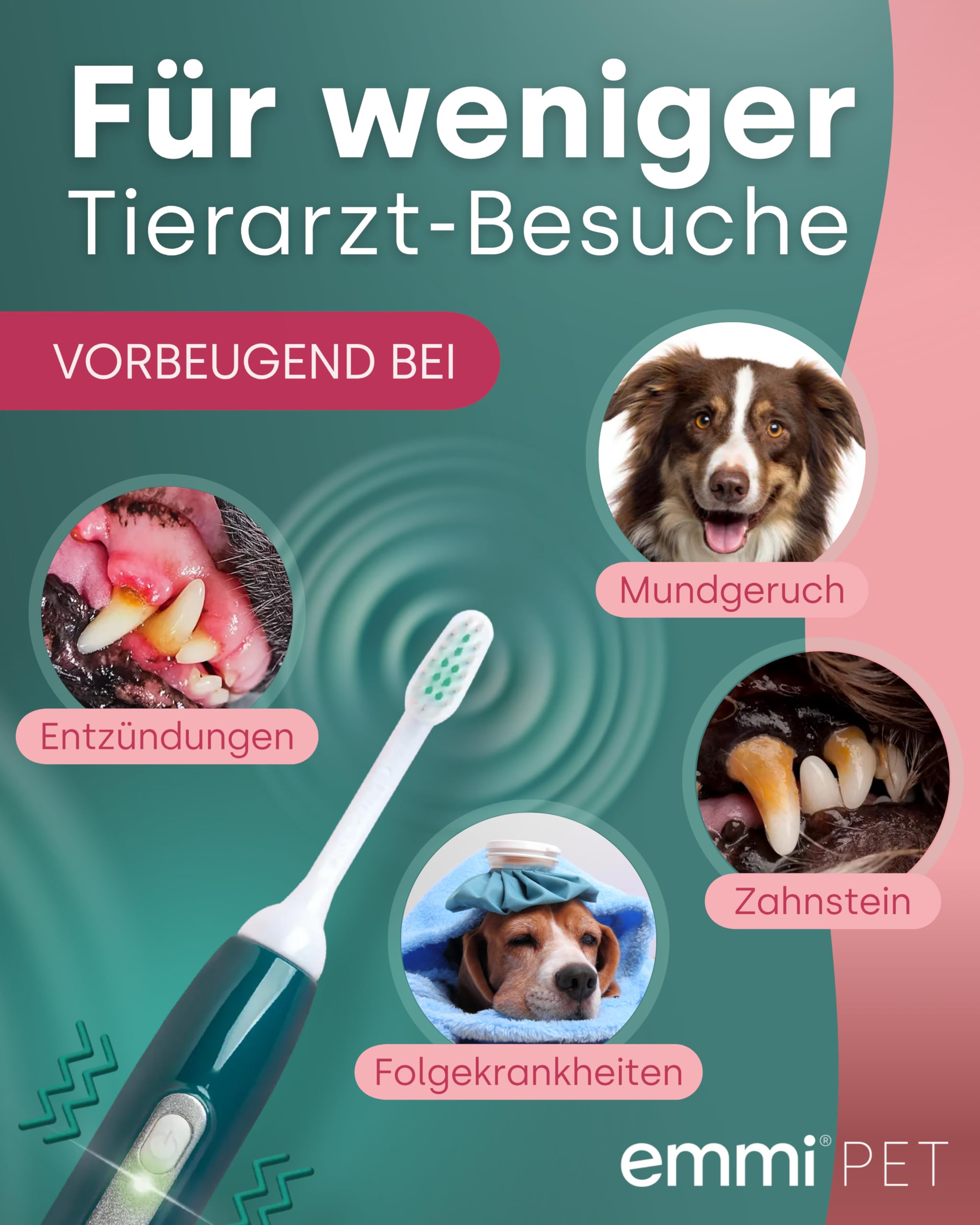 emmi-PET PRO Ultraschallzahnbürste für Hunde I Ultraschall Zahnpflege I Bis zu 96 Mio. Schwingungen/Min. & 12 Tage Akkulaufzeit I Inkl. Ladestation, Zahncreme & Aufsätzen I German Engineering