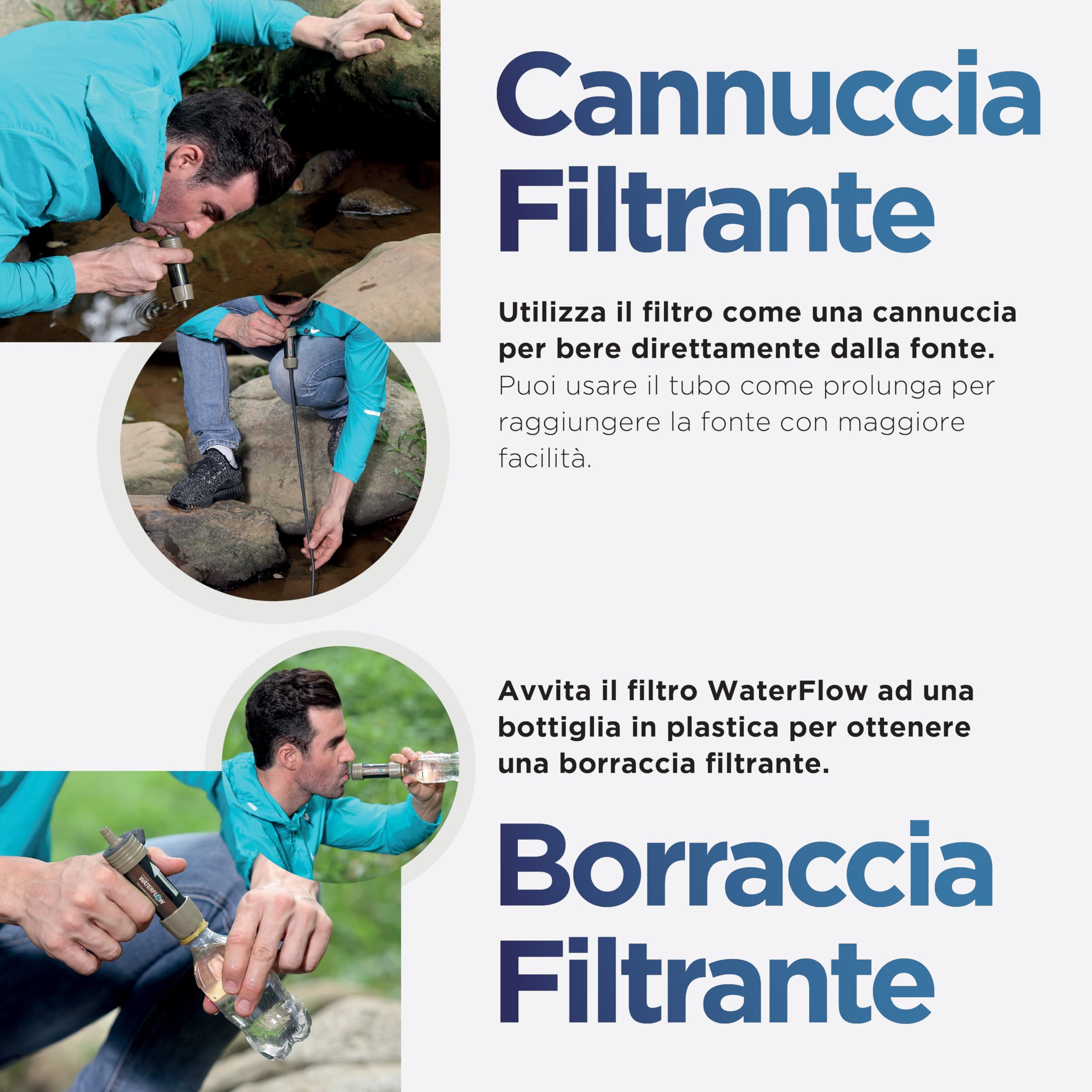 Waterflow 3 Stadi - Filtro Acqua per Escursionisti e Kit Sopravvivenza, Depuratore, Purificatore, Potabilizzatore - Rimozione Batteri al 99,9%
