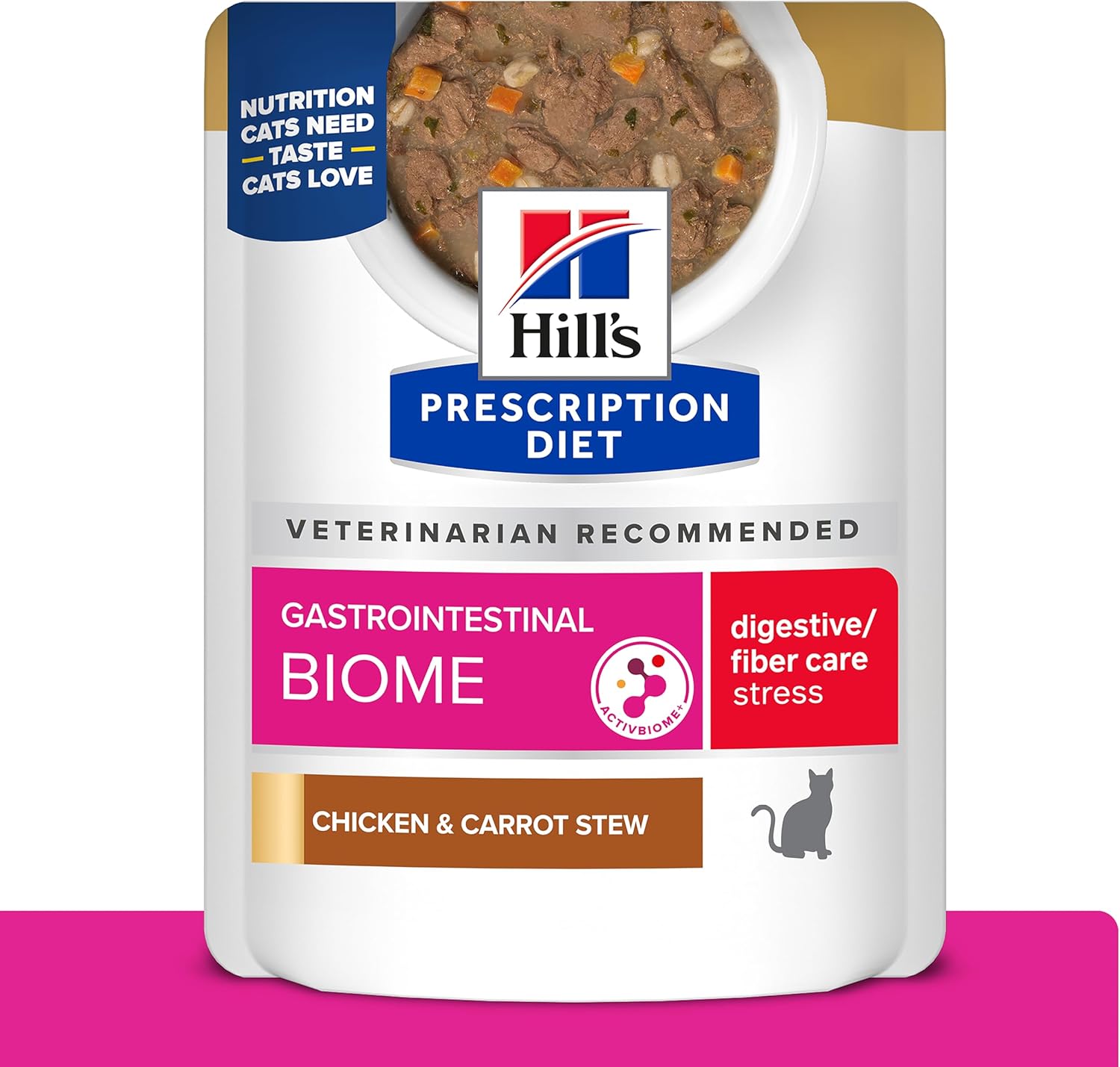 Hill's Prescription Diet Gastrointestinal Biome + Stress Digestive/Fiber Care Wet Cat Food, Chicken & Carrot Stew, 2.8 oz. Pouches, 24-Pack