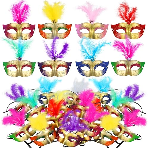 Paquete de 100 máscaras de plumas de Mardi Gras coloridas a granel, máscaras de plástico de Mardi Gras, máscaras de Mardi Gras, máscaras de fiesta