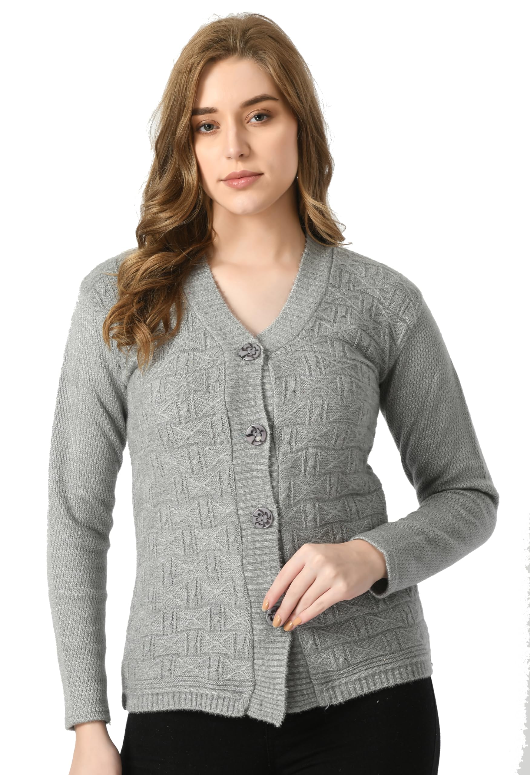 manra Women's Regular Fit V-Neck Full Sleeve Self Design Winter wear Sweater Cardigans_Silver Grey_XL-picture-24