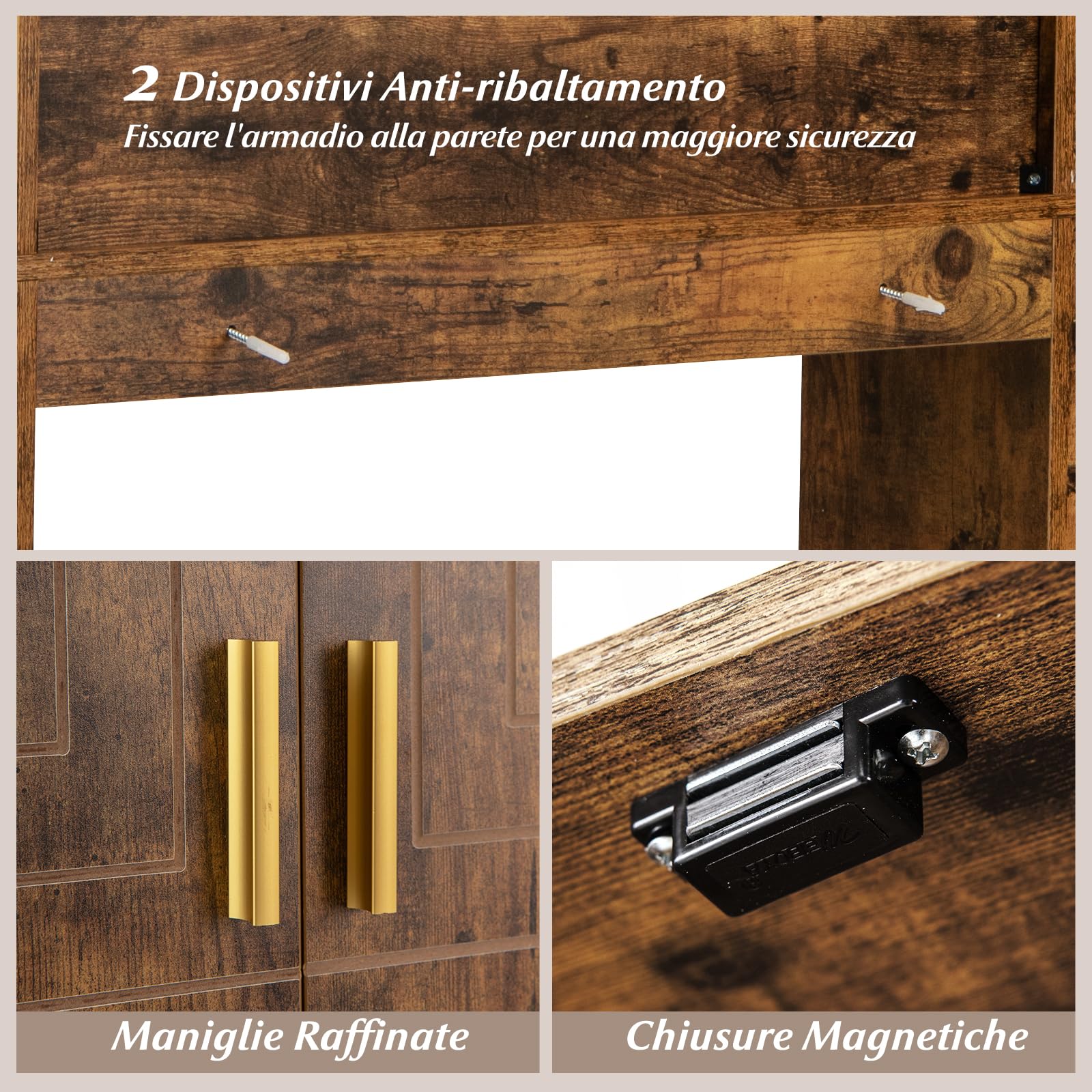COSTWAY Mobile da Bagno Sopra WC, Scaffale Salvaspazio con Armadietto a 2 Ante, 6 Scomparti Aperti, Porta Fazzoletti, Gancio e Ripiano Regolabile, Mobiletto per Bagno e Lavanderia (Marrone)