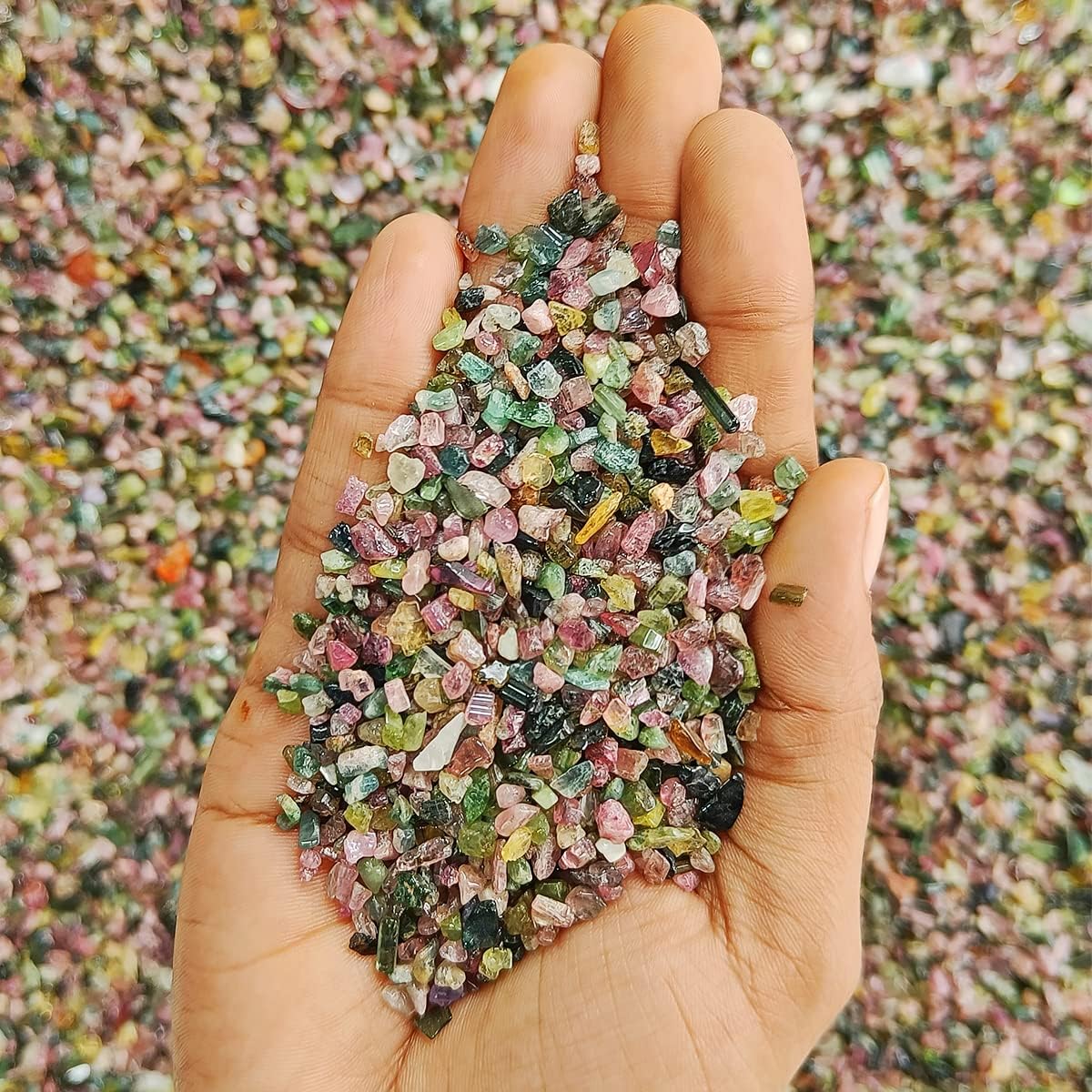 Shubhanjali Mix Tourmaline Tumbled Chips Crushed Stone Crystal Natural Small Rocks Irregular Shape Stone Reiki Healing Gemstones for Garden Aquarium Vases Plants Decoration (1 lb,Multicolor)