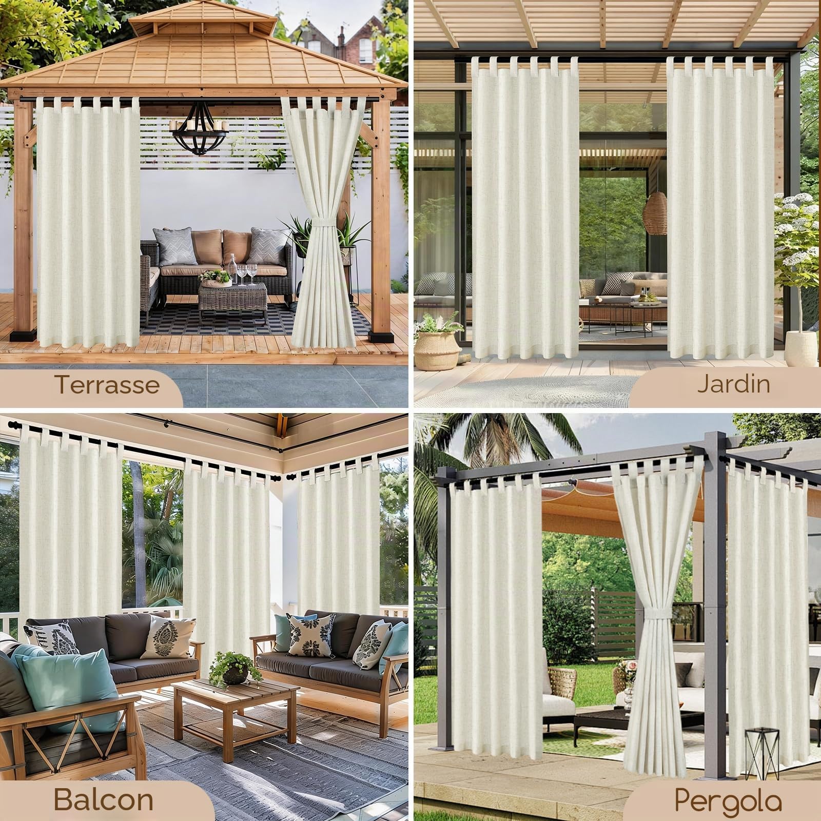 Rideau Exterieur en Lin, Lot de 2 Rideaux D'extérieur Impermeable, Rideau Pergola Extérieur avec Oeillets en Haut, Rideau Occultant Exterieur Pour Terrasse Balcon Tonnelle Porte(132 x 215cm, Beige)