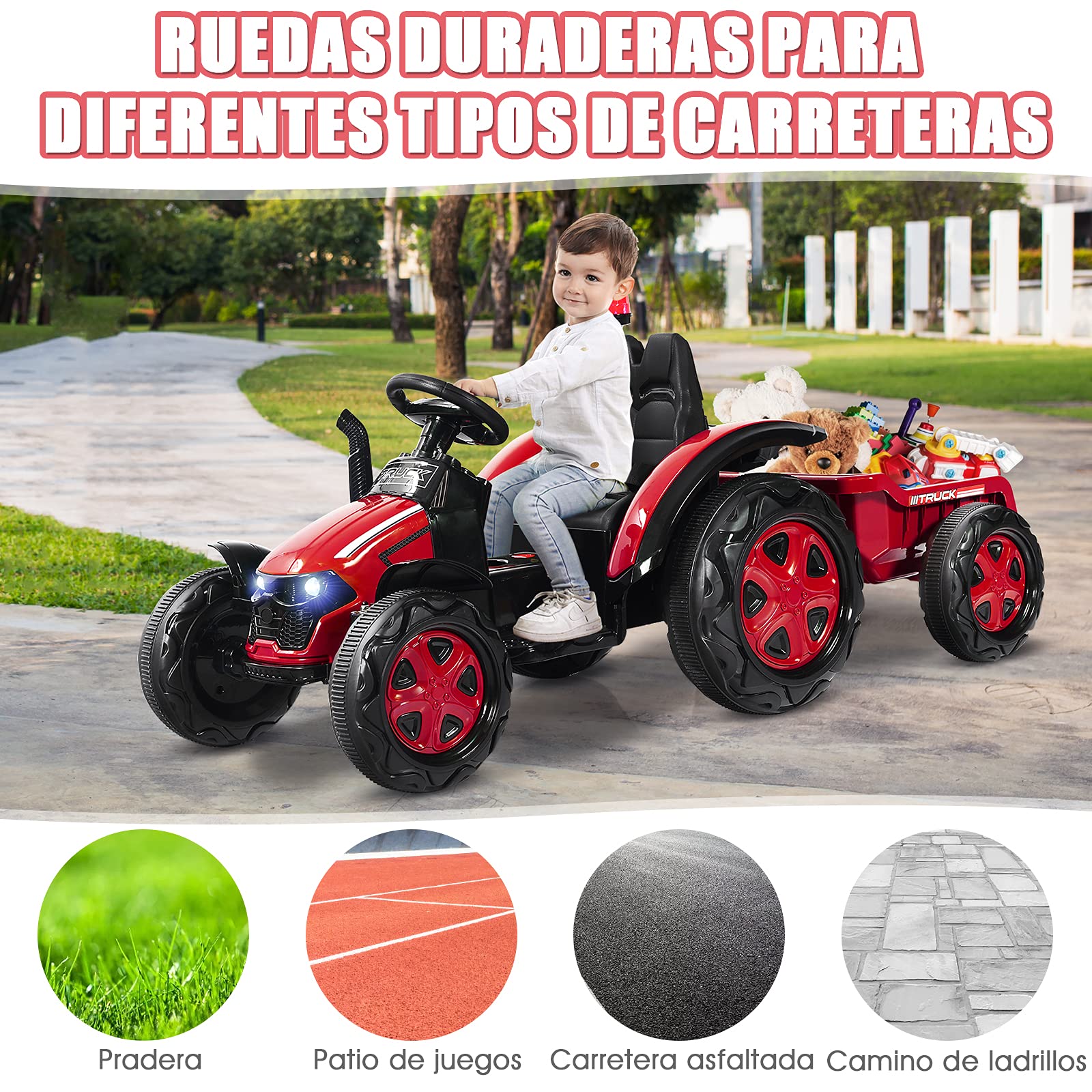 COSTWAY Tractor Eléctrico 12V 7AH para Niños con Remolque, Juguete 3-8 años, Mando 2,4G, Arnés Seguridad 2 Puntos, Faros, Música, USB (Rojo)