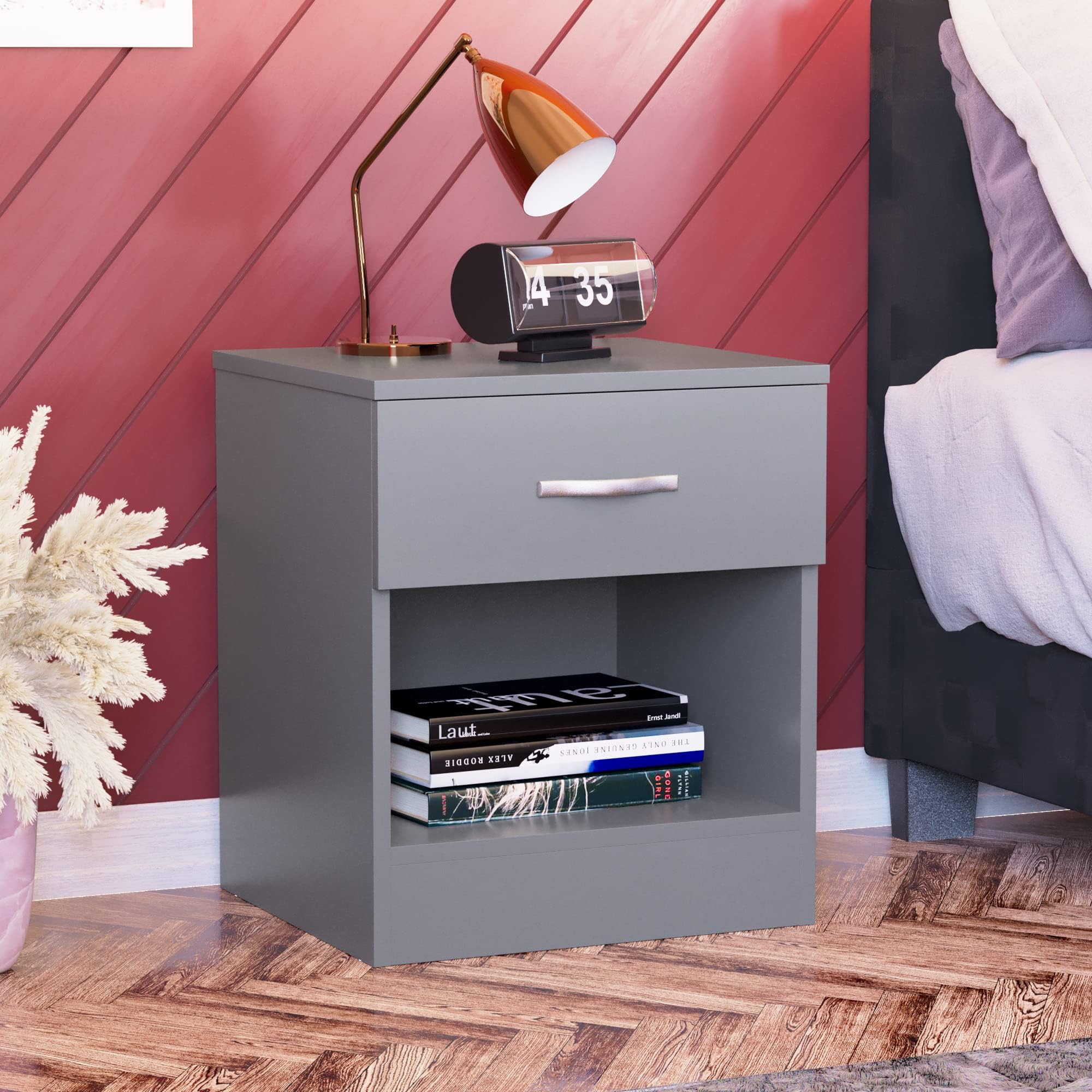 Vida Designs1 Drawer Chest of Drawers Bedside Storage Unit Sliding Drawers Shelf Bedroom Furniture Grey