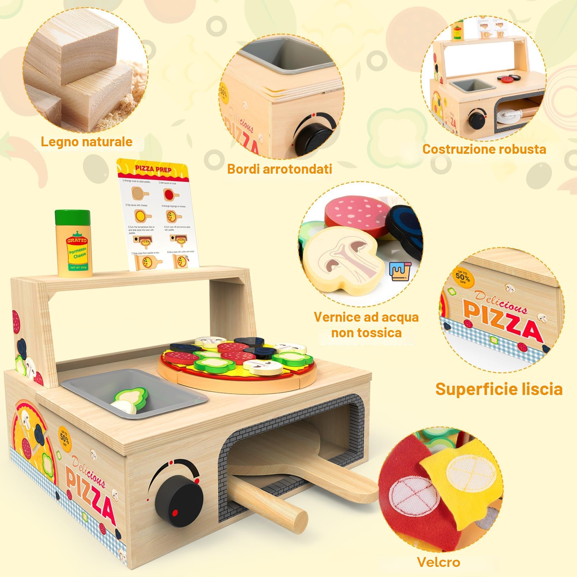 Pizza giocattolo in legno - 48 pezzi Montessori Pretend Play Food per età 3+, giocattolo educativo per l'apprendimento Playset in legno con forno, regalo di compleanno di Natale per 3 4 5 6 anni