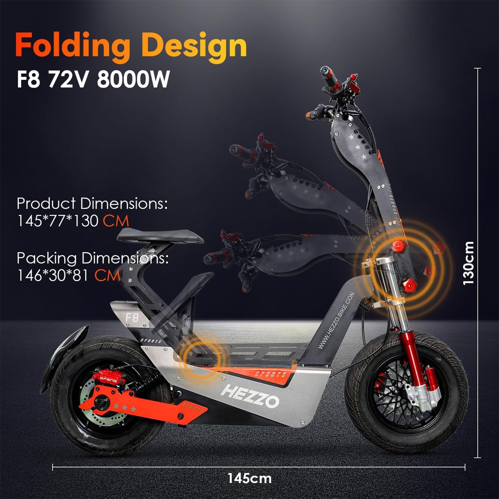 Electric Scooter 72V 8000W Motor 16” Solid Fat Tire Off-Road with Seat NFC Dual Brake System 50Ah 21700 Li-Ion Battery Range 85Miles Foldable Adult Electric Scooter