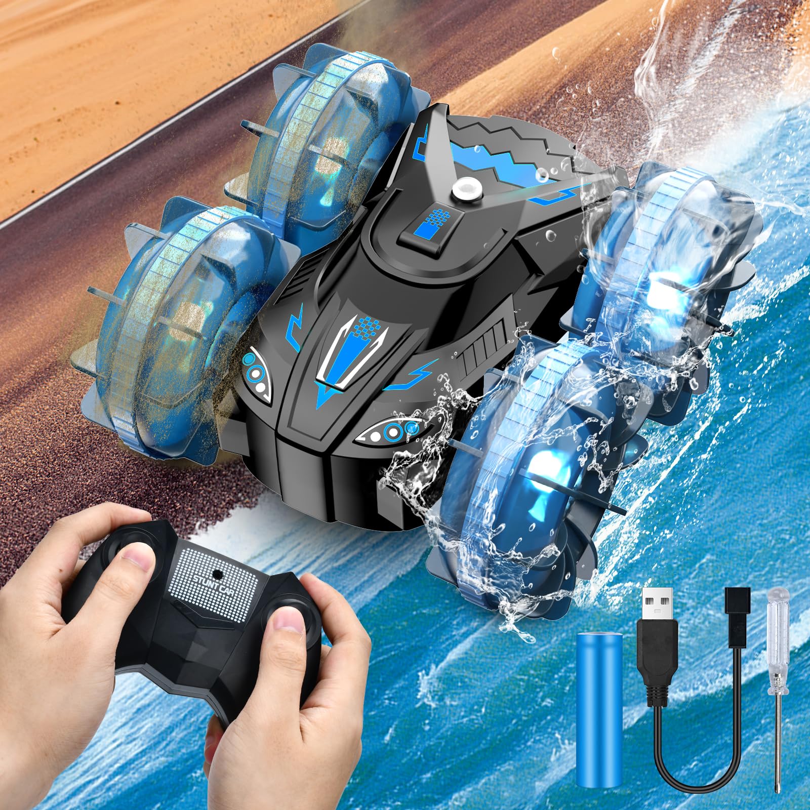 HONGNIX Coche Teledirigido Anfibio 4WD 360 ° Roating Coche AcrobáTico 2.4Ghz Impermeable RC Car All Terrain Stunt Juguete Coches Teledirigidos para Niños 3+ Años con Luces (Azul)